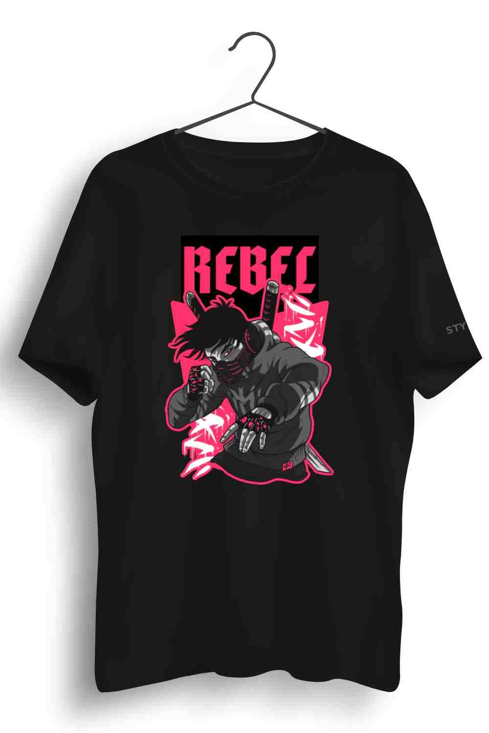 Rebel Graphic Printed Mens Round Neck Black Cotton Tshirt