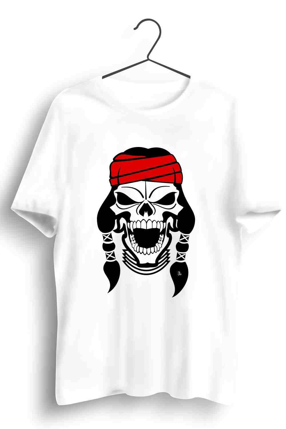 Red Indian Skull Graphic Printed Mens Round Neck White Cotton Tshirt