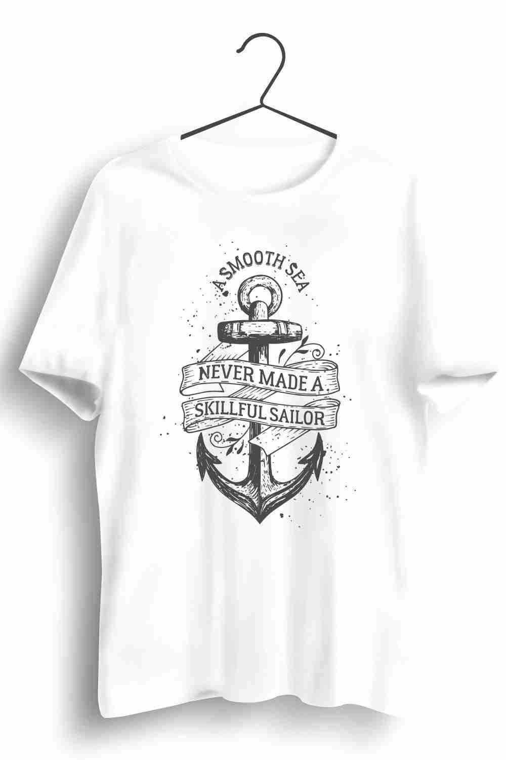 Sailor Graphic Printed Mens Round Neck White Cotton Tshirt