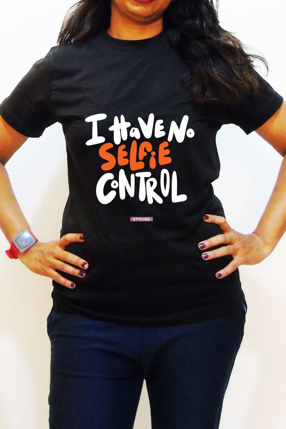 I have no selfie control - Quirky Graphic Printed Mens Cotton T-Shirt Black Color