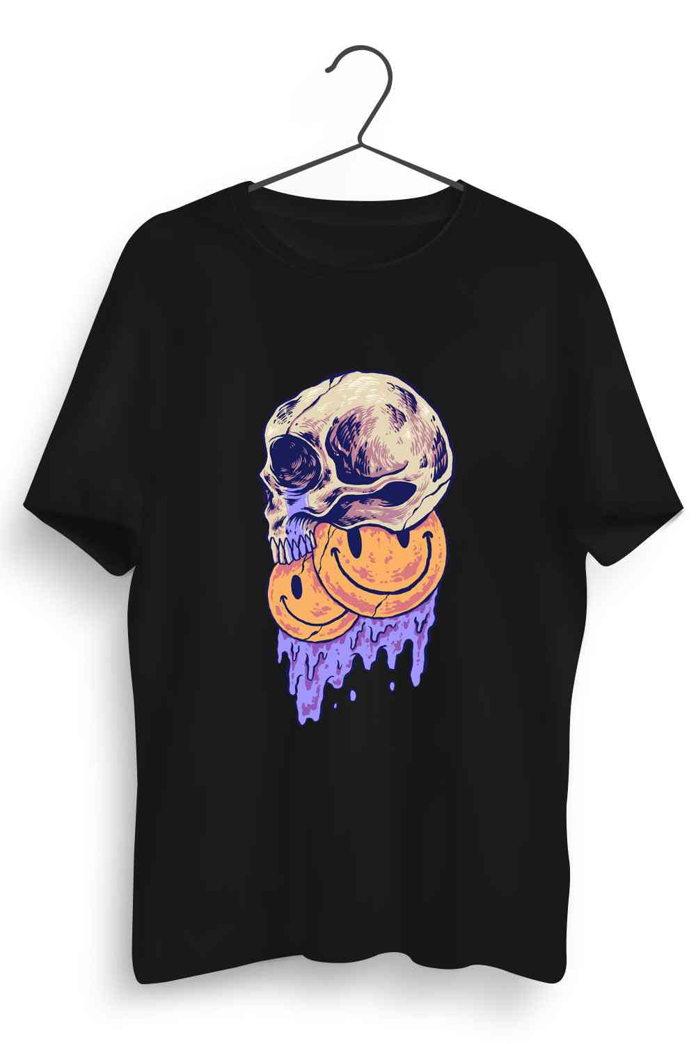 Smiley Skull Graphic Printed Mens Round Neck Black Cotton Tshirt