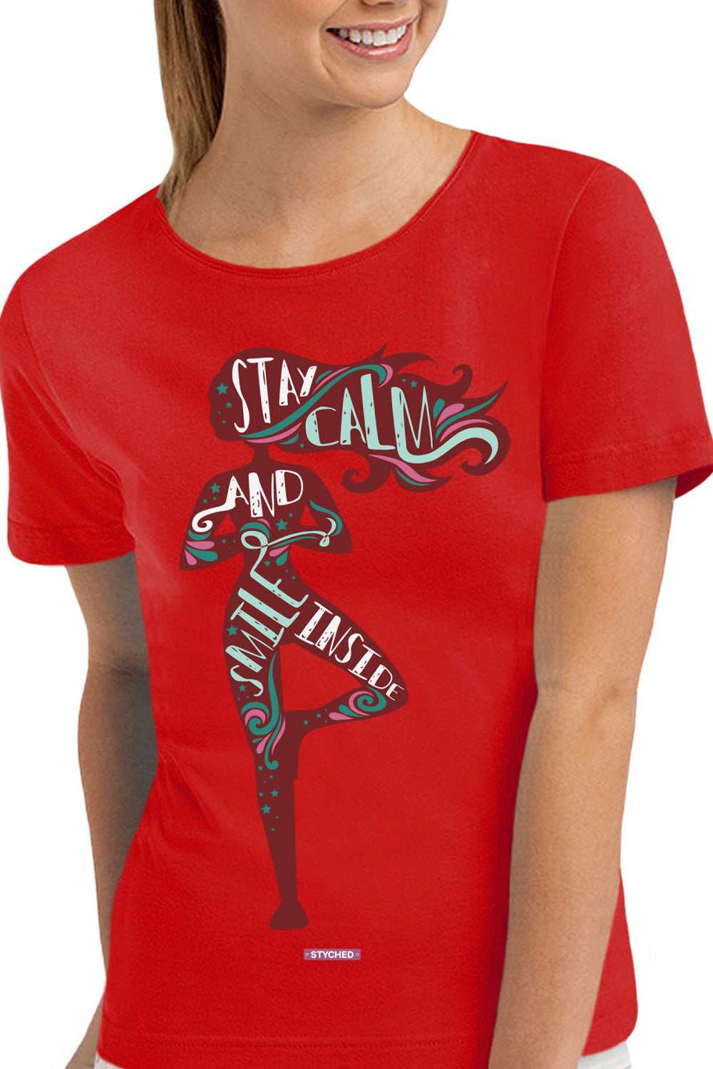 Stay Calm and Smile Inside - Quirky Graphic Printed Mens Cotton Tshirt Red