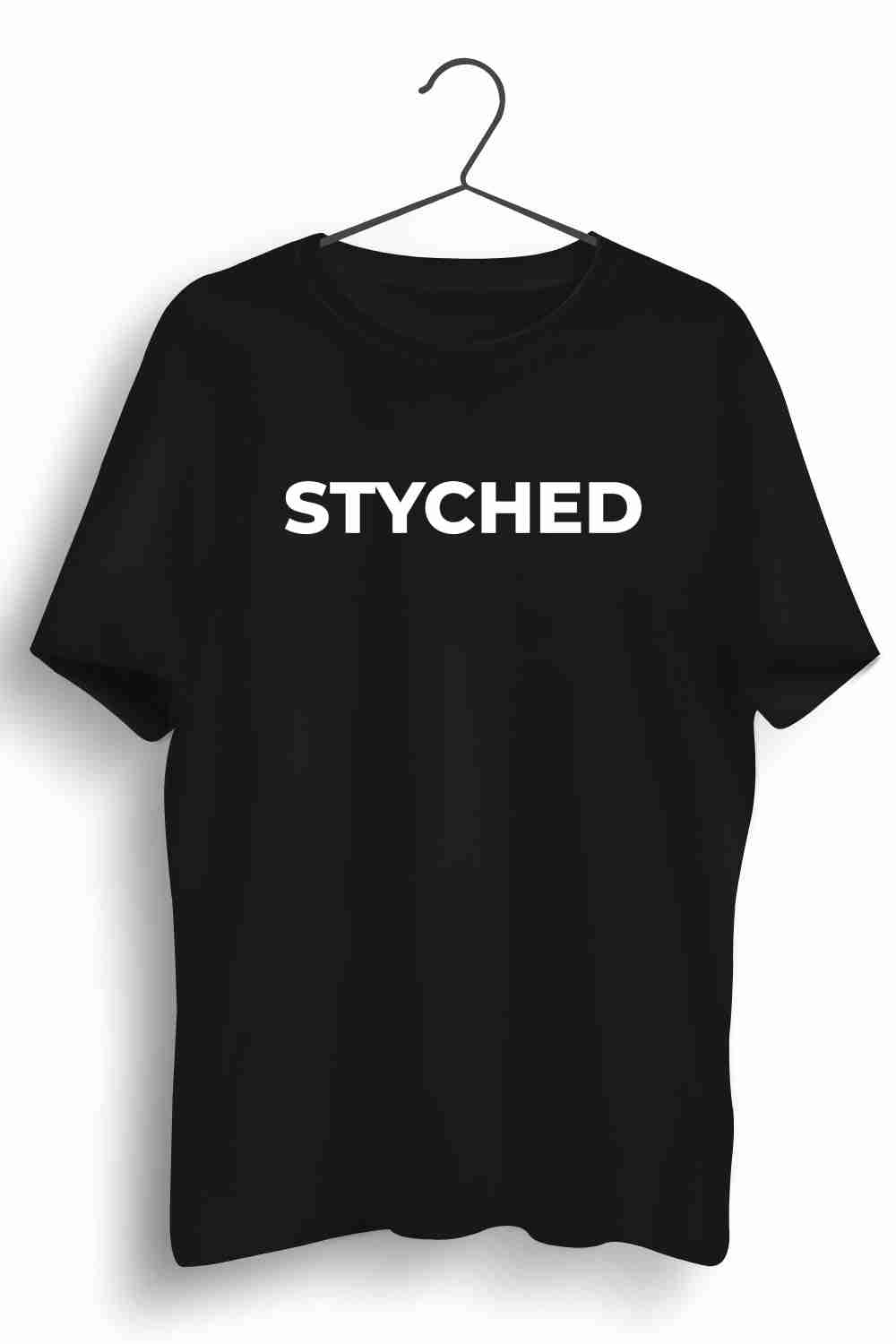 Styched Font Graphic Printed Mens Round Neck Black Cotton Tshirt