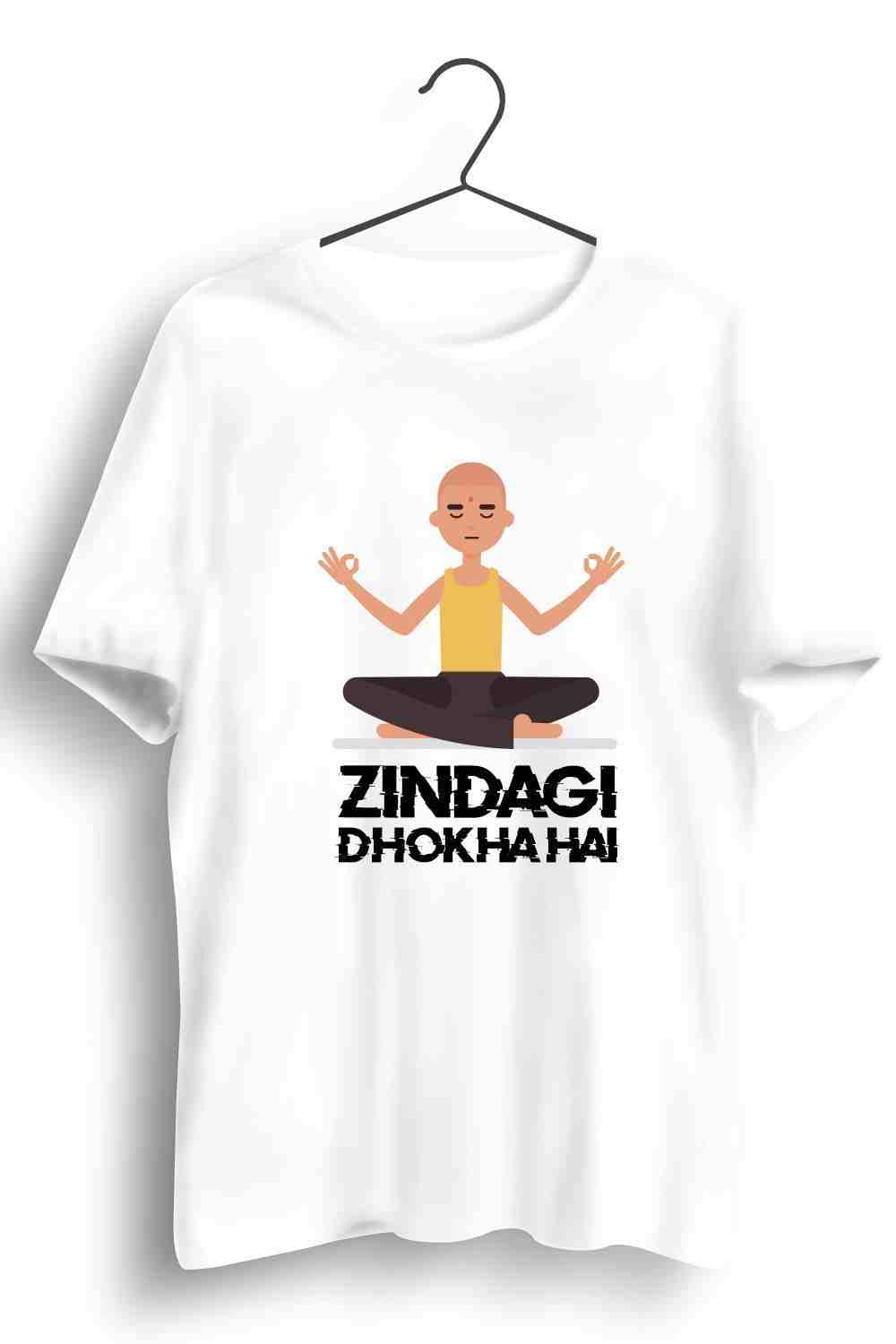 Zindagi Dhoka Hai Graphic Printed Mens Round Neck White Cotton Tshirt