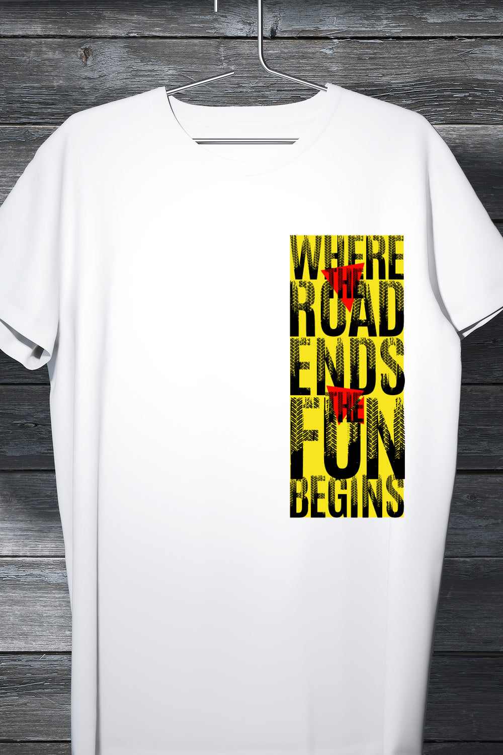 Where the road Ends the Fun Begins White Asymmetric Graphic Printed Mens Cotton T-Shirt