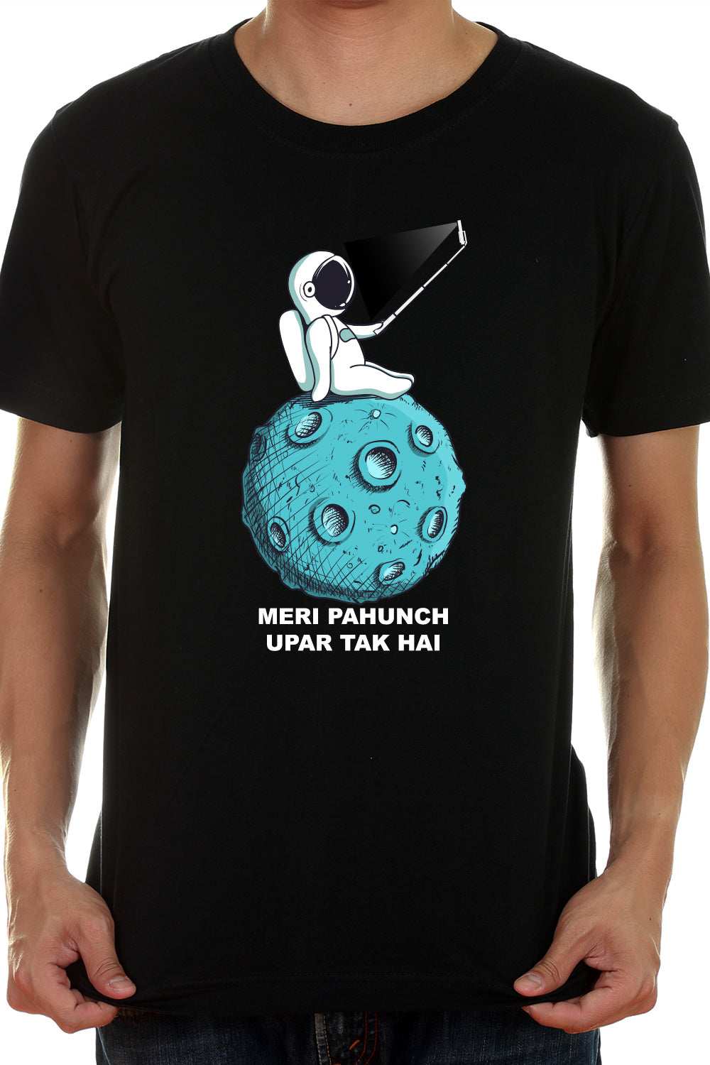 Meri Pahunch Upar tak hai - Astronaut Selfie Black Graphic Printed Mens Cotton Tshirt