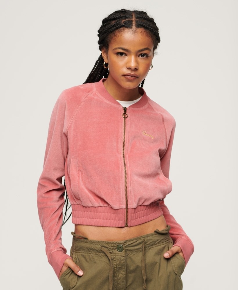 EMBROIDERED VELOUR ZIP BASEBALL TOP