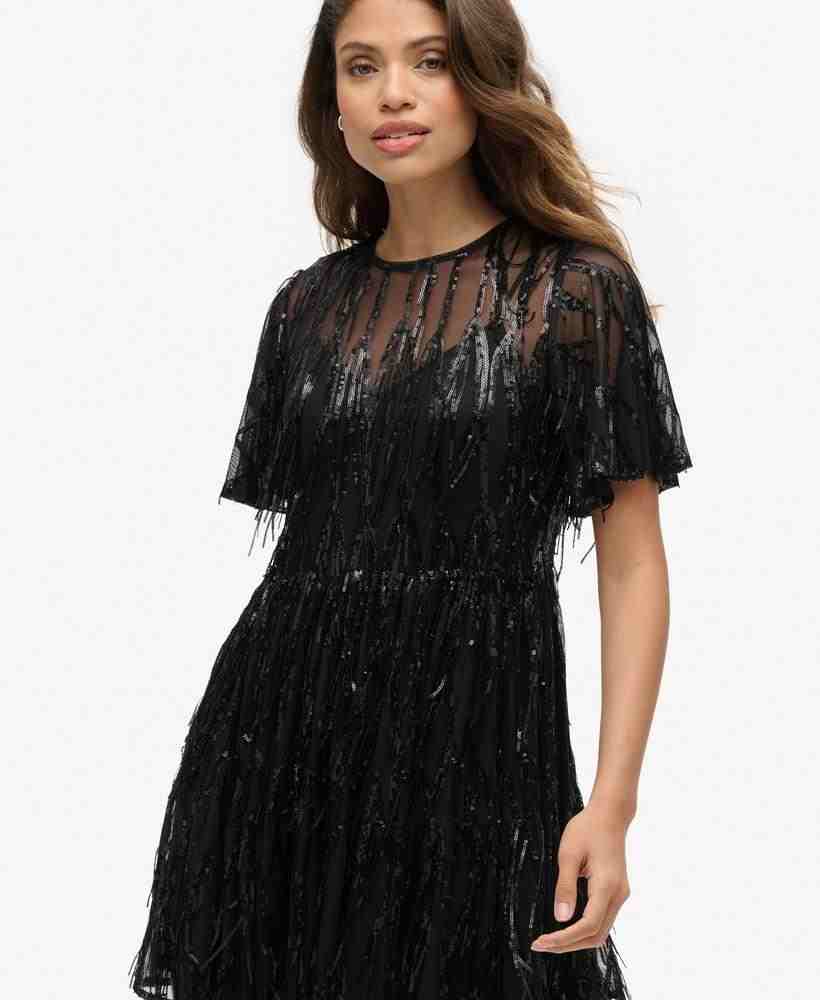 VOLUME TIERED MESH MINI DRESS