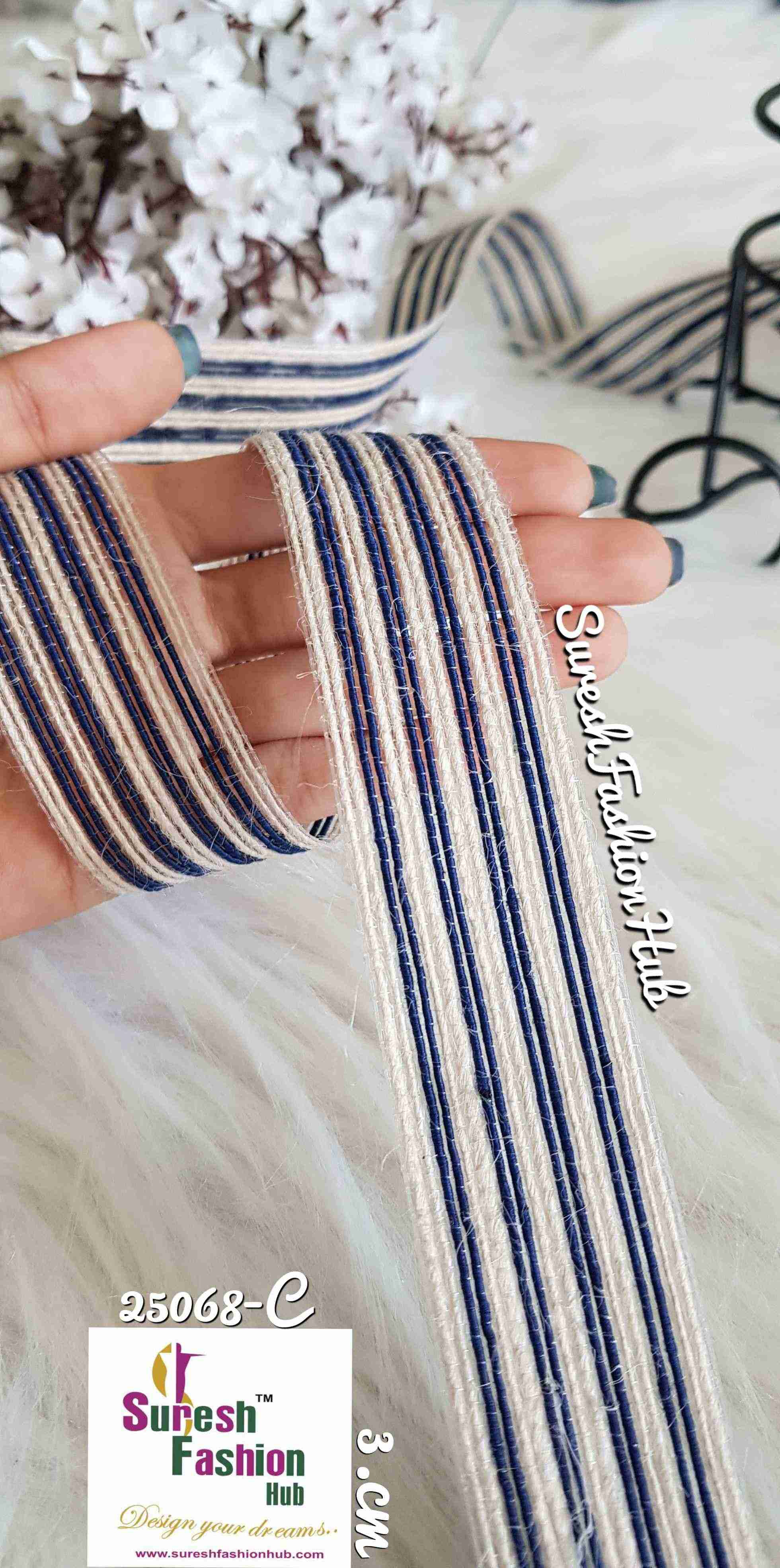 White & Dark Blue Striped Trim