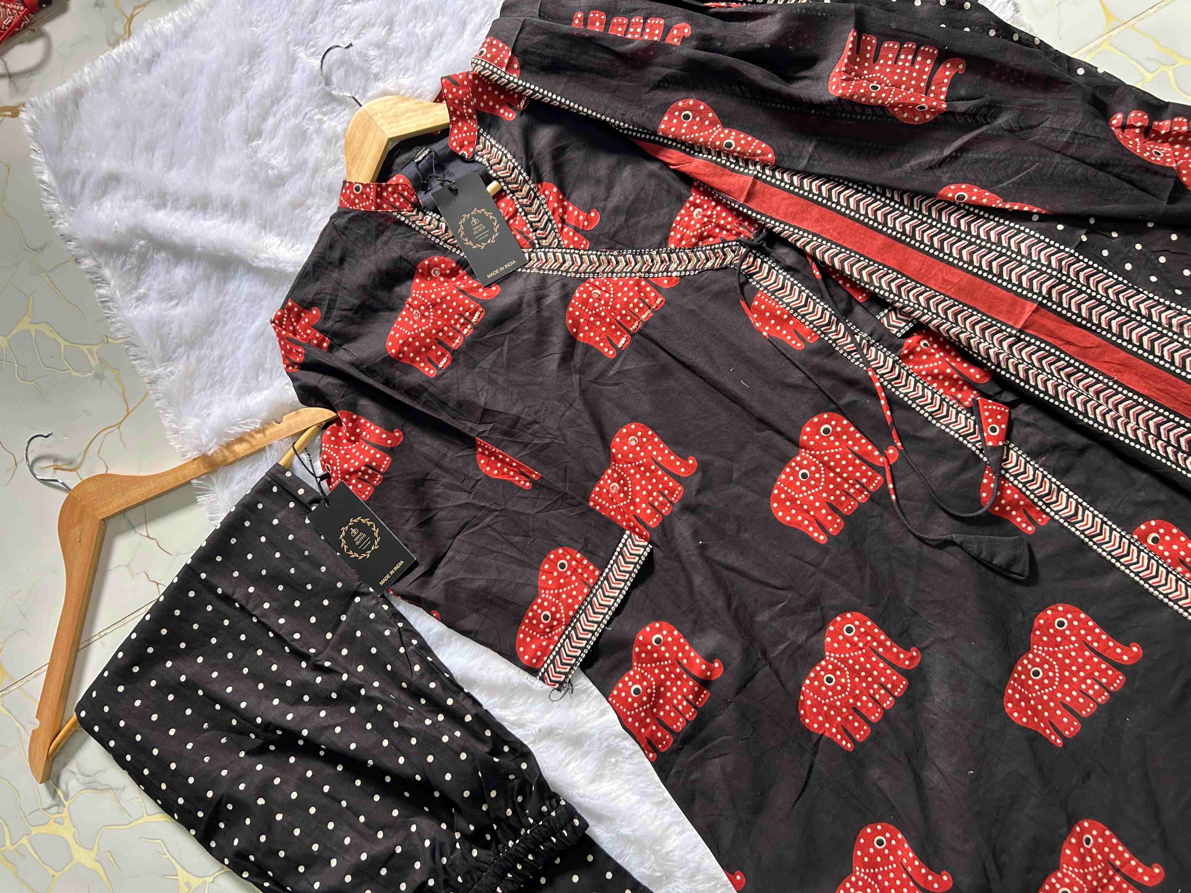 Rust cotton ethnic wear Anarkali sets with traditional print with printed dupatta