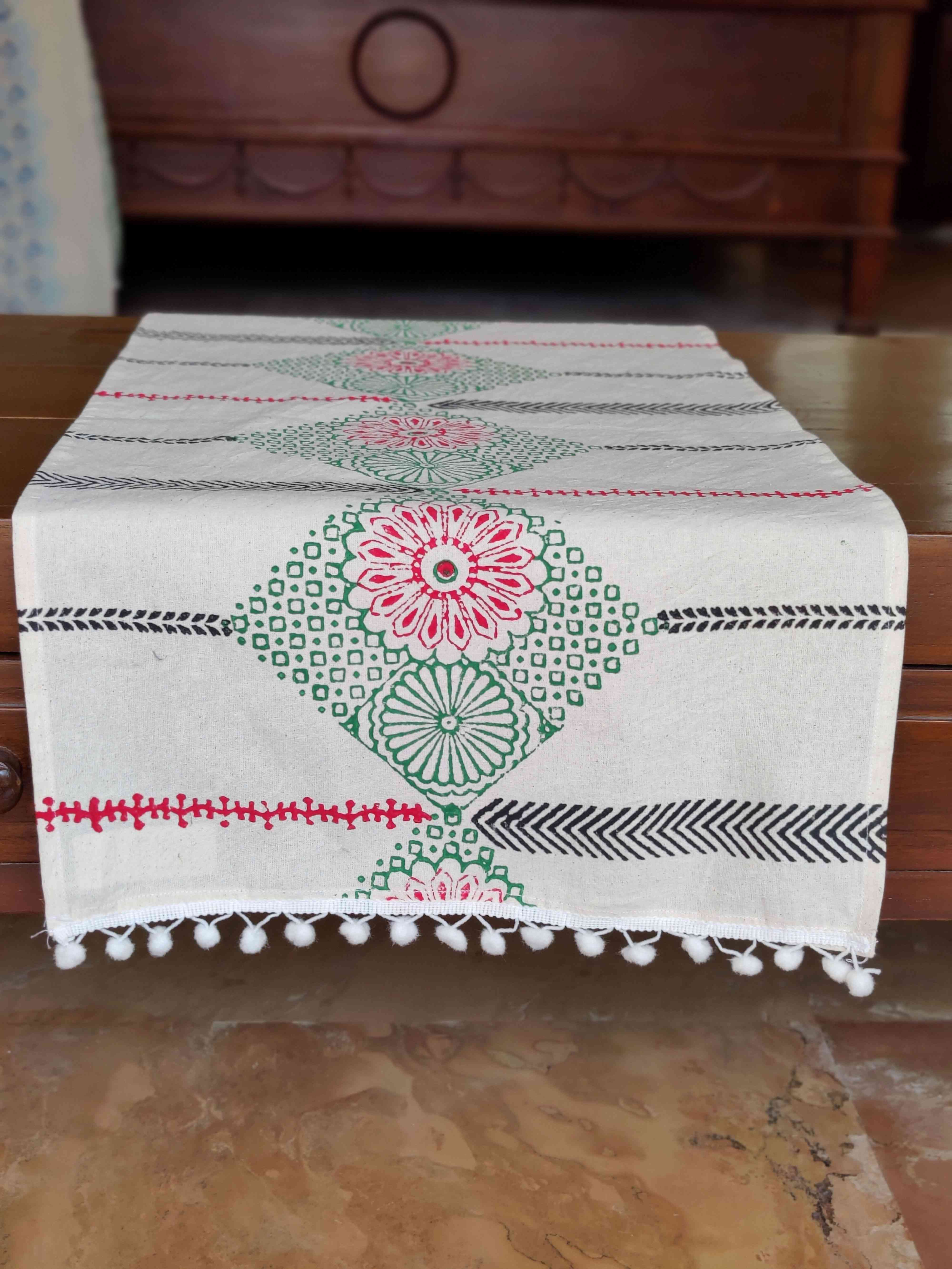 Table Runner Handblock Printed Colourful Designs with Tassels