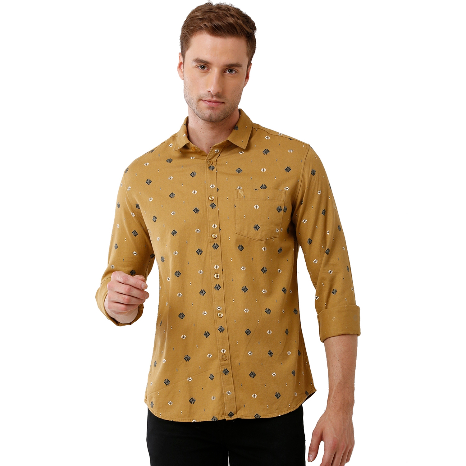 Swiss club | Swiss Club Mens 100% Cotton Printed Full Sleeve Slim Fit Polo Neck Yellow Color Woven Shirt (S-SC-124 A-FS-PRT-BSL) 0