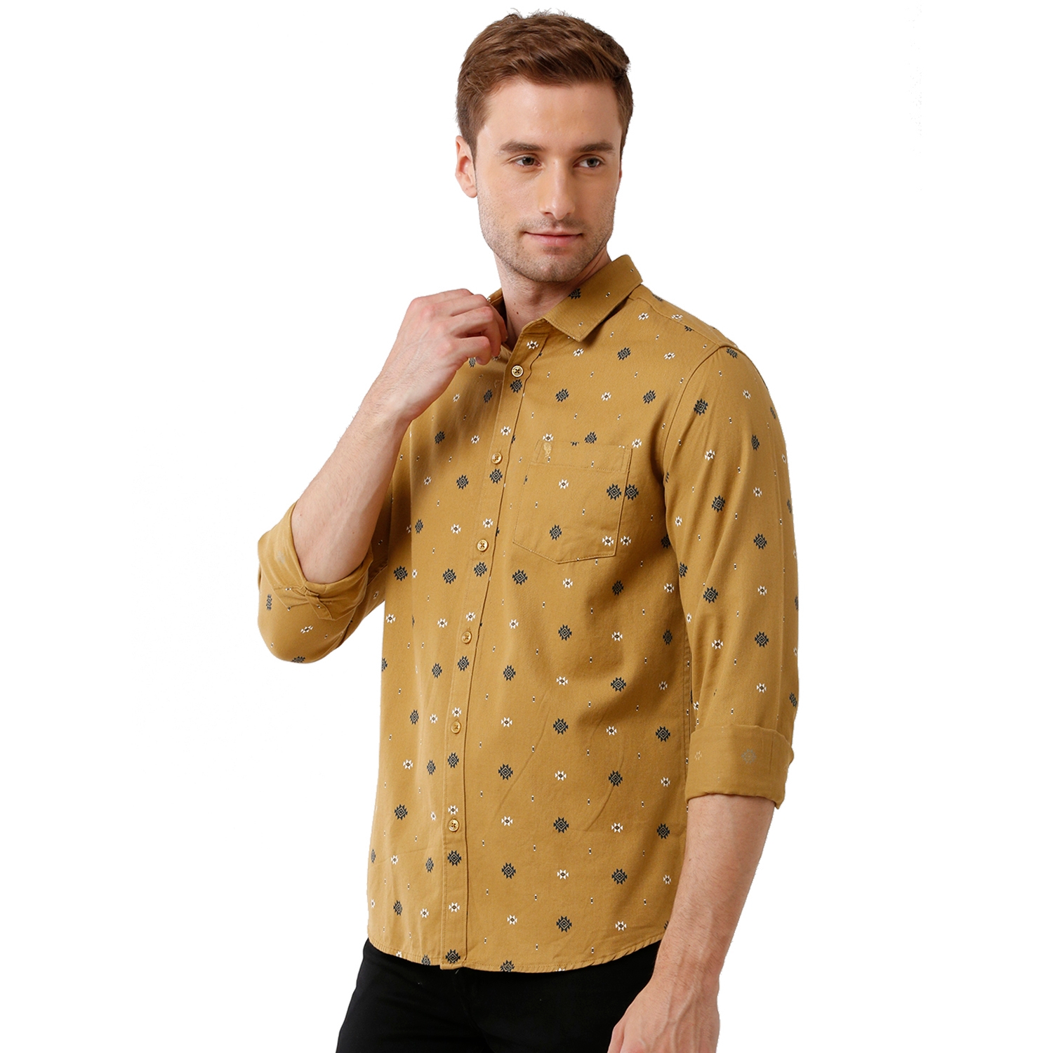 Swiss club | Swiss Club Mens 100% Cotton Printed Full Sleeve Slim Fit Polo Neck Yellow Color Woven Shirt (S-SC-124 A-FS-PRT-BSL) 1