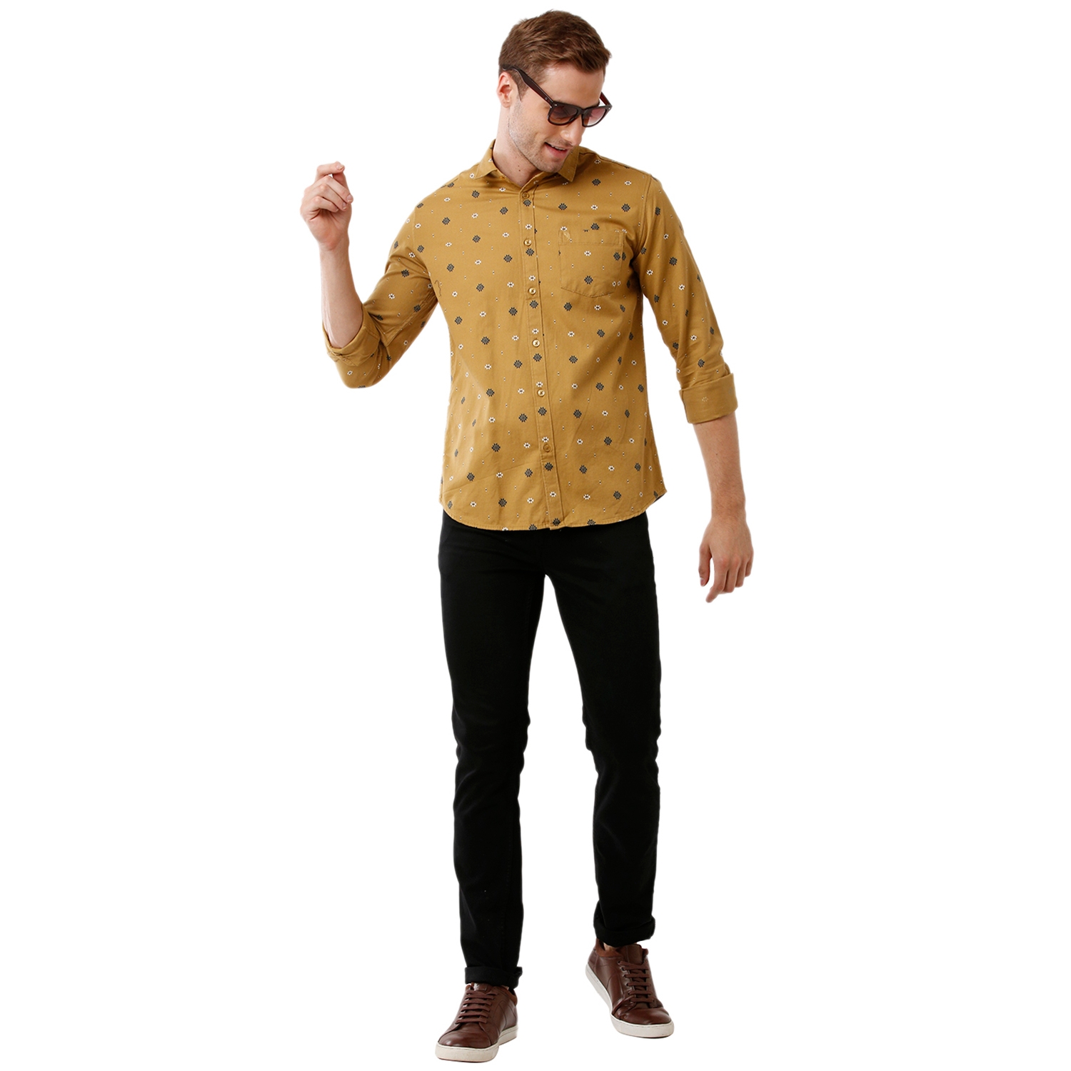 Swiss club | Swiss Club Mens 100% Cotton Printed Full Sleeve Slim Fit Polo Neck Yellow Color Woven Shirt (S-SC-124 A-FS-PRT-BSL) 3