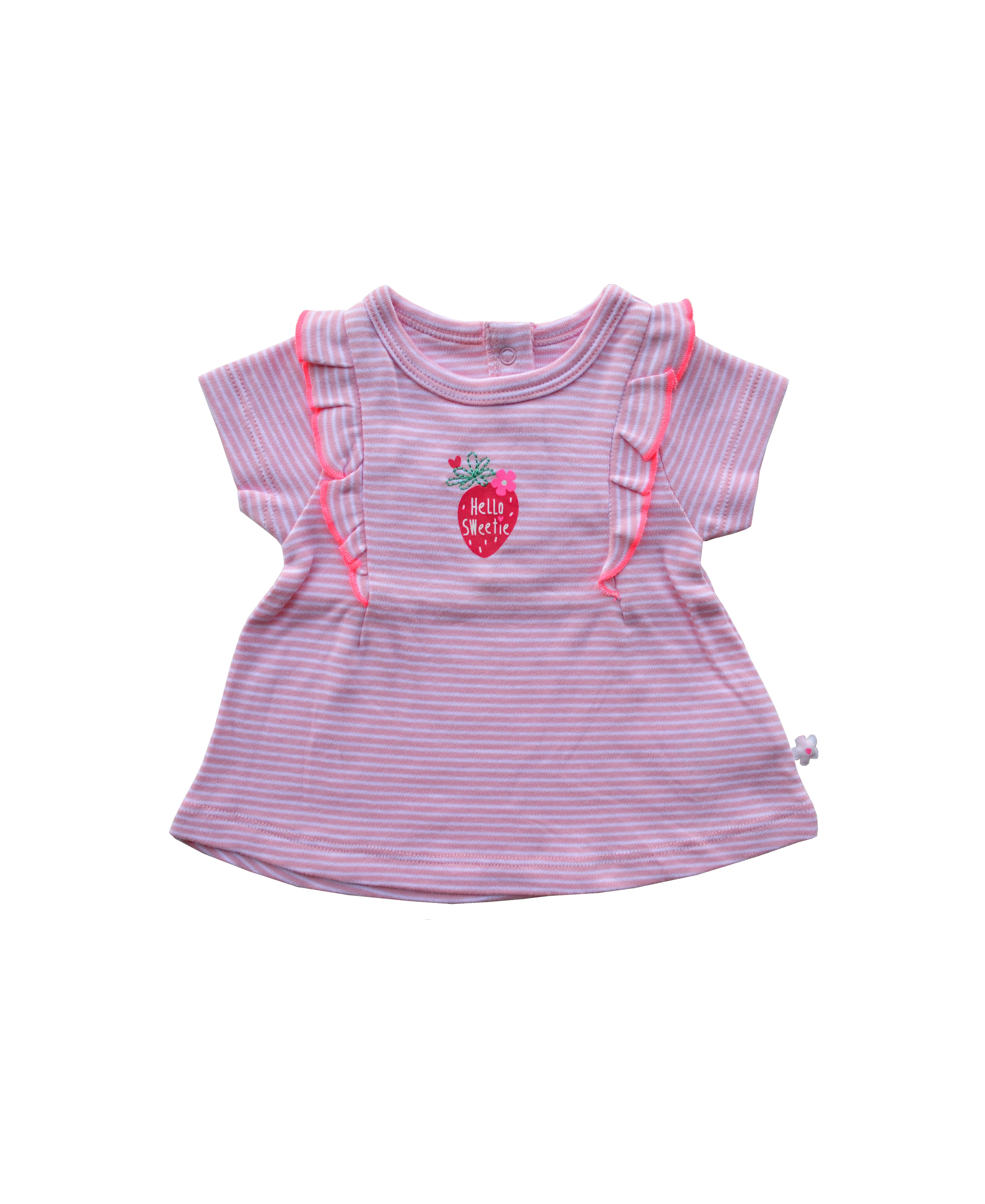 Pink/White Girls Top with frills and Strawberry Print (100% Cotton Interlock Biowash)