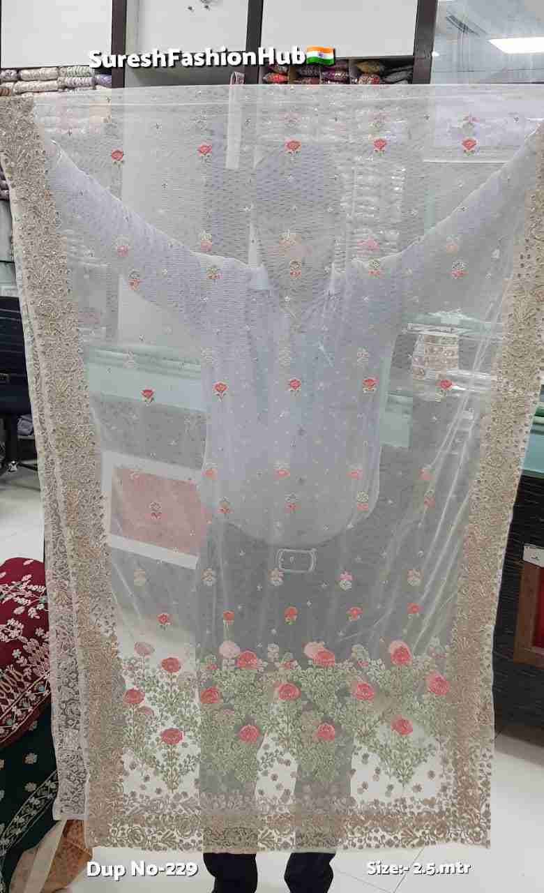 Peach Sea Green Floral Threadwork Net Dupatta-229