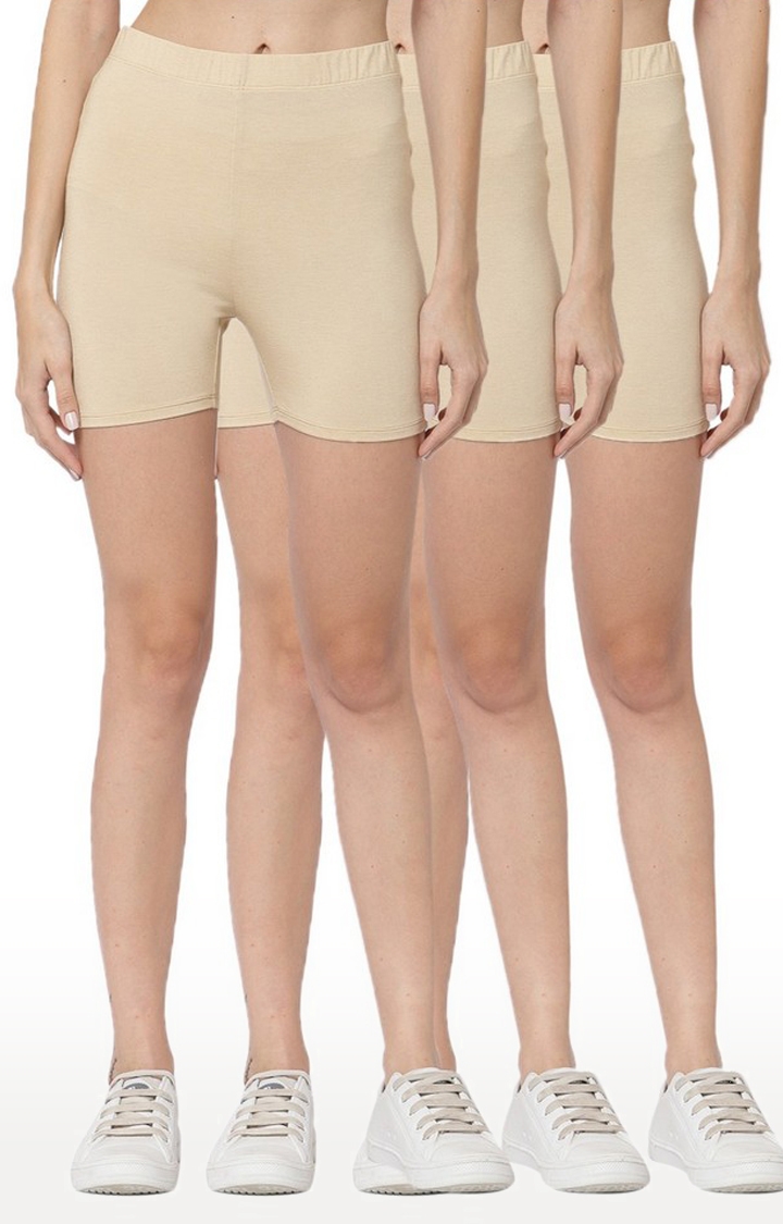YOONOY | Women's Nude Lycra Solid Shorts (Pack of 3)