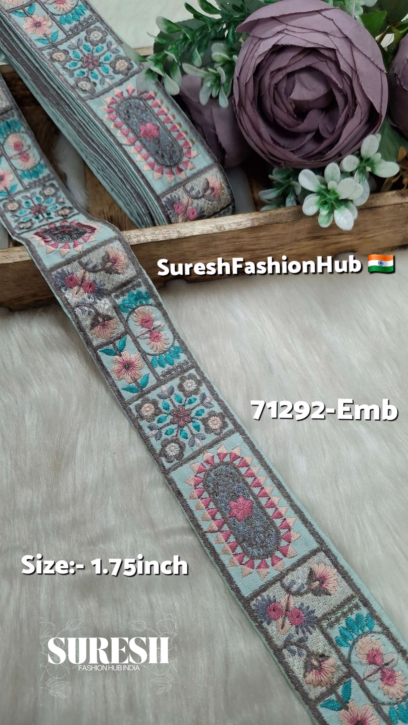 Sage Mint Patchwork Tile Embroidery Border – 71292-EMB