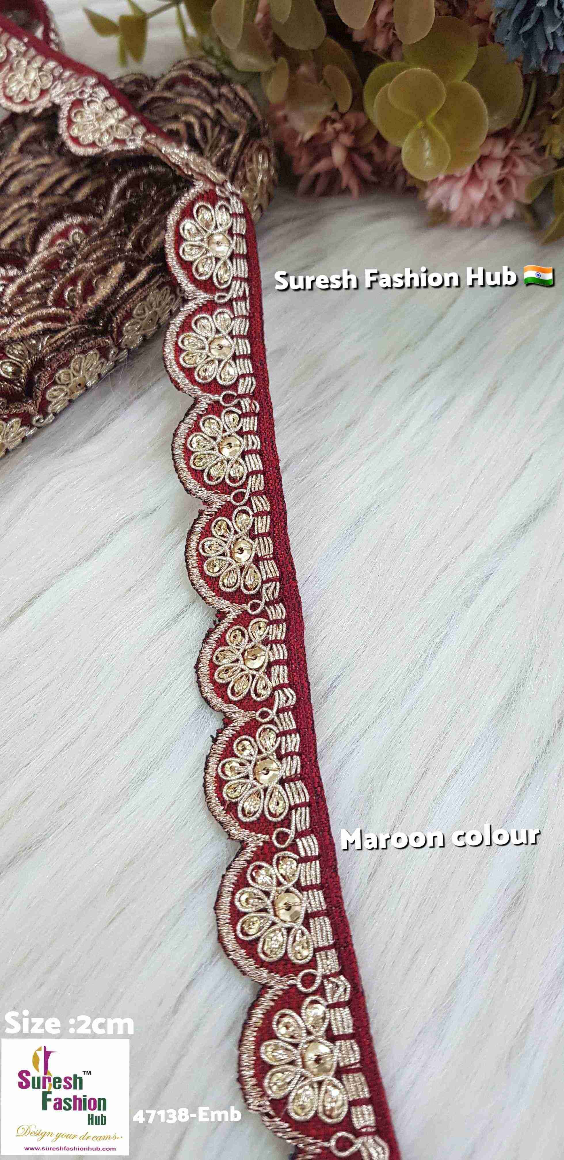 Exquisite  Maroon Color Embroidered Raw Silk Lace Trim