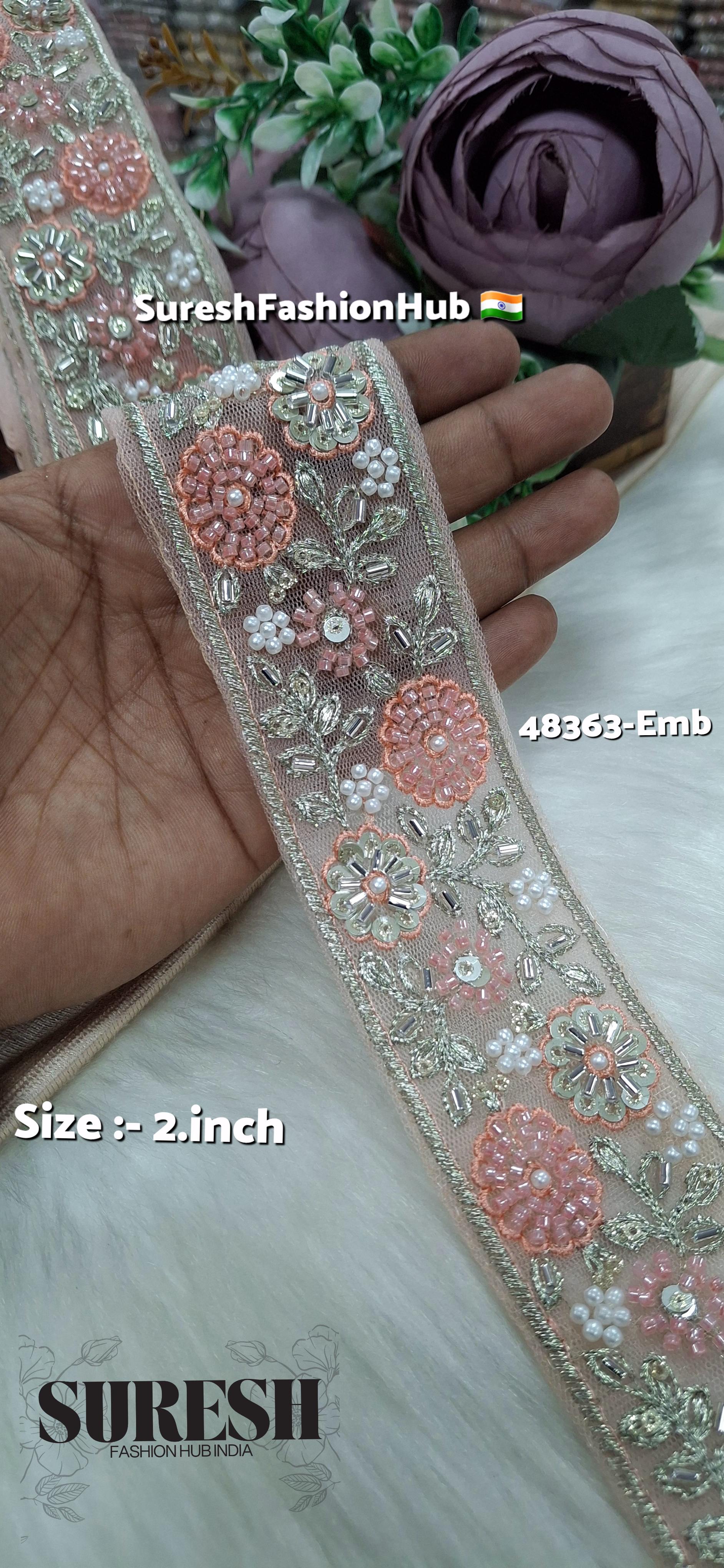 Dark Peach Beaded Floral Net Embroidered Lace