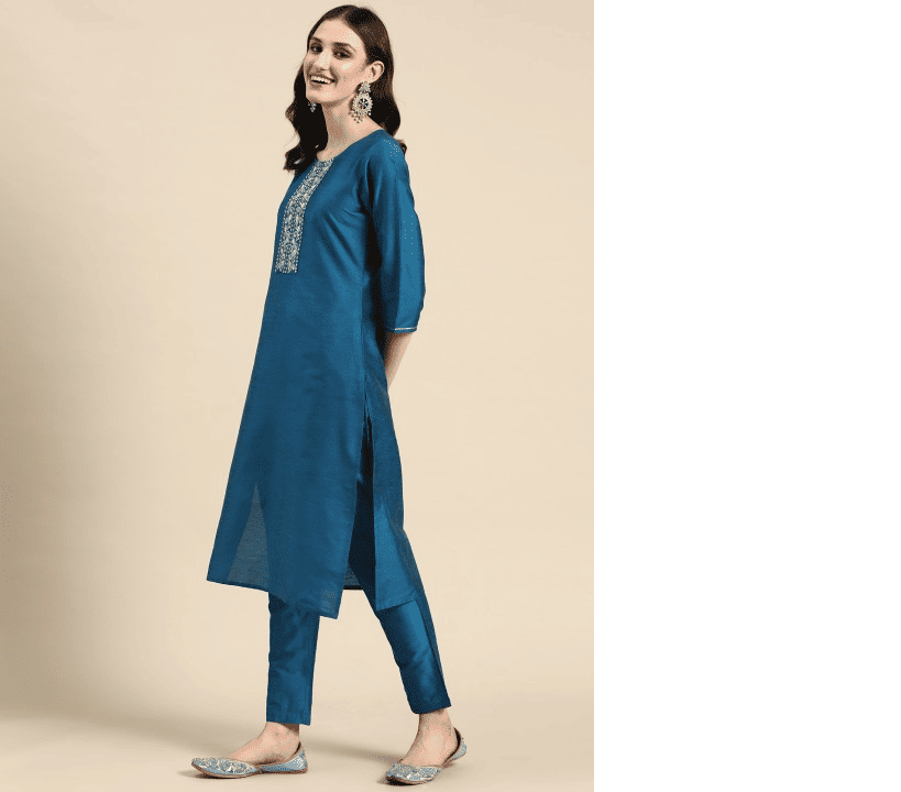 Women Blue Thread Work Kurta with Trousers