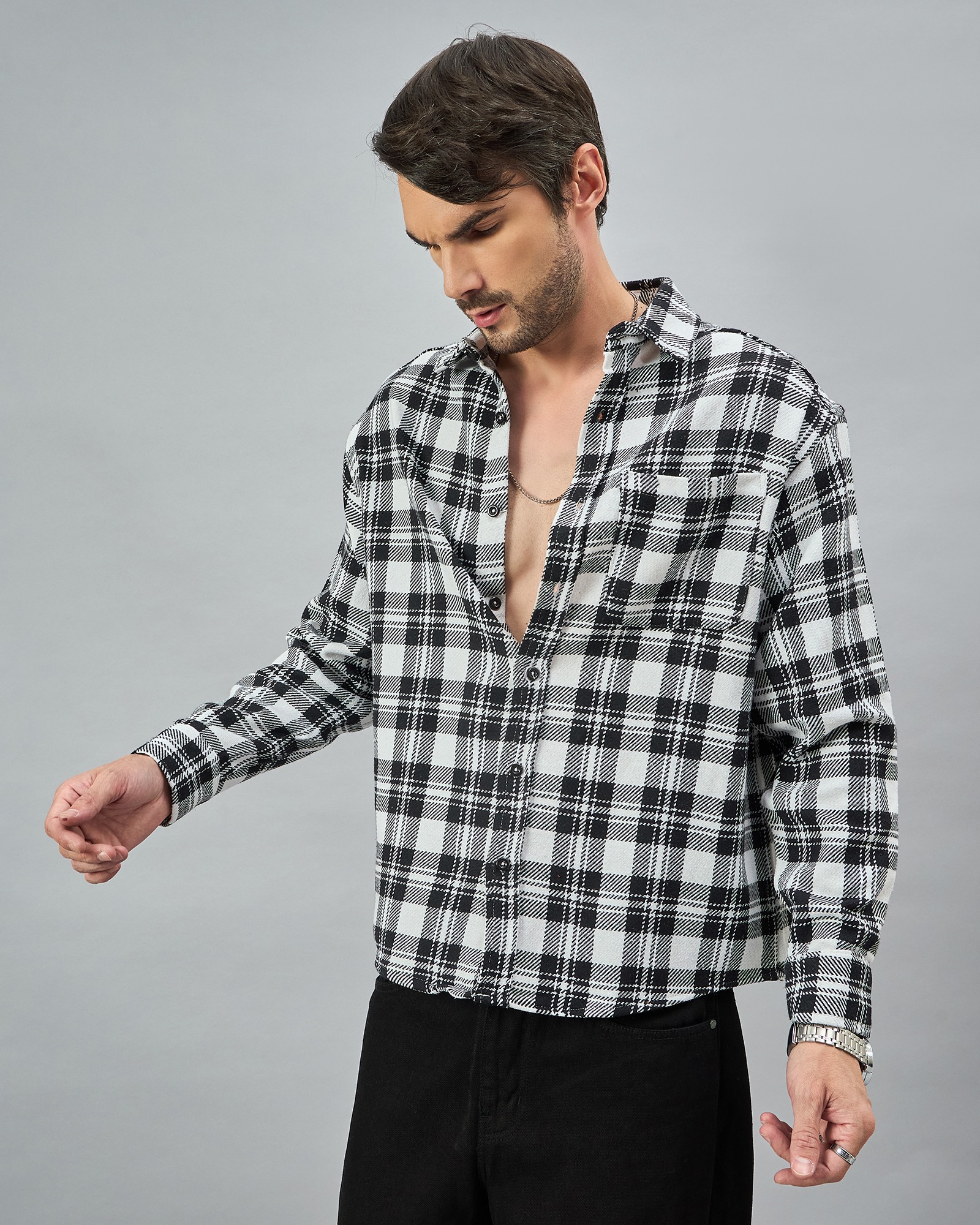 Chimpaaanzee Men White & Black Oversized Fit Shirt