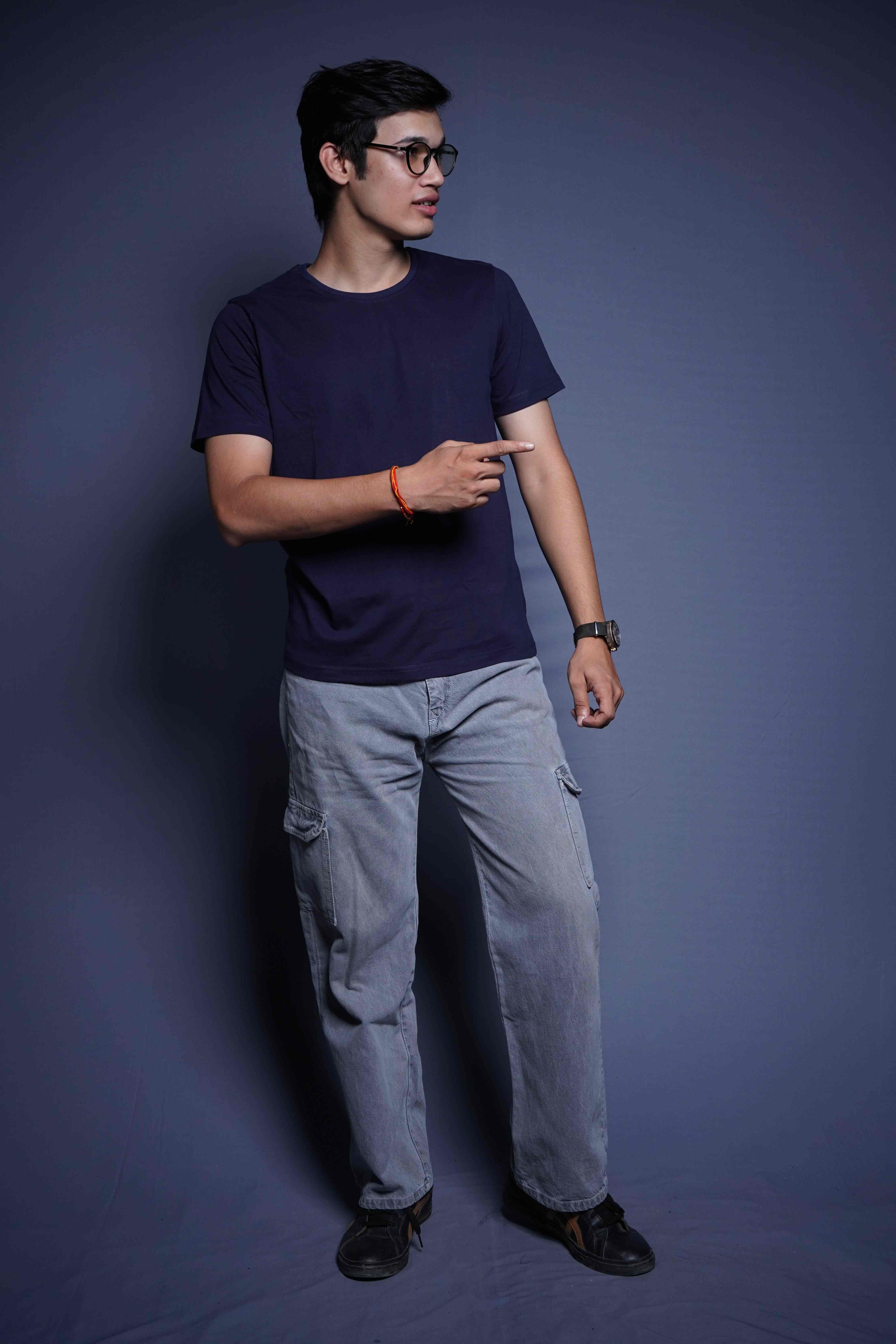 One Denim Enduring Denim Blue Round Neck Cotton T-Shirt