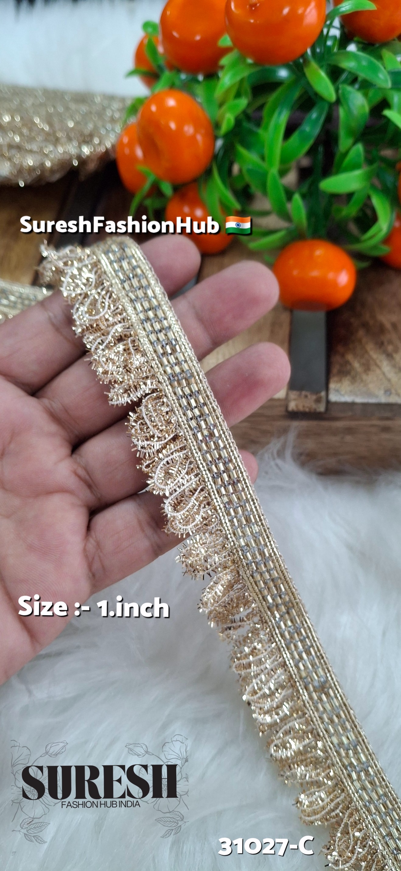 Light Pearl Beaded Feather Fringe Jhalar Lace – 31027-C