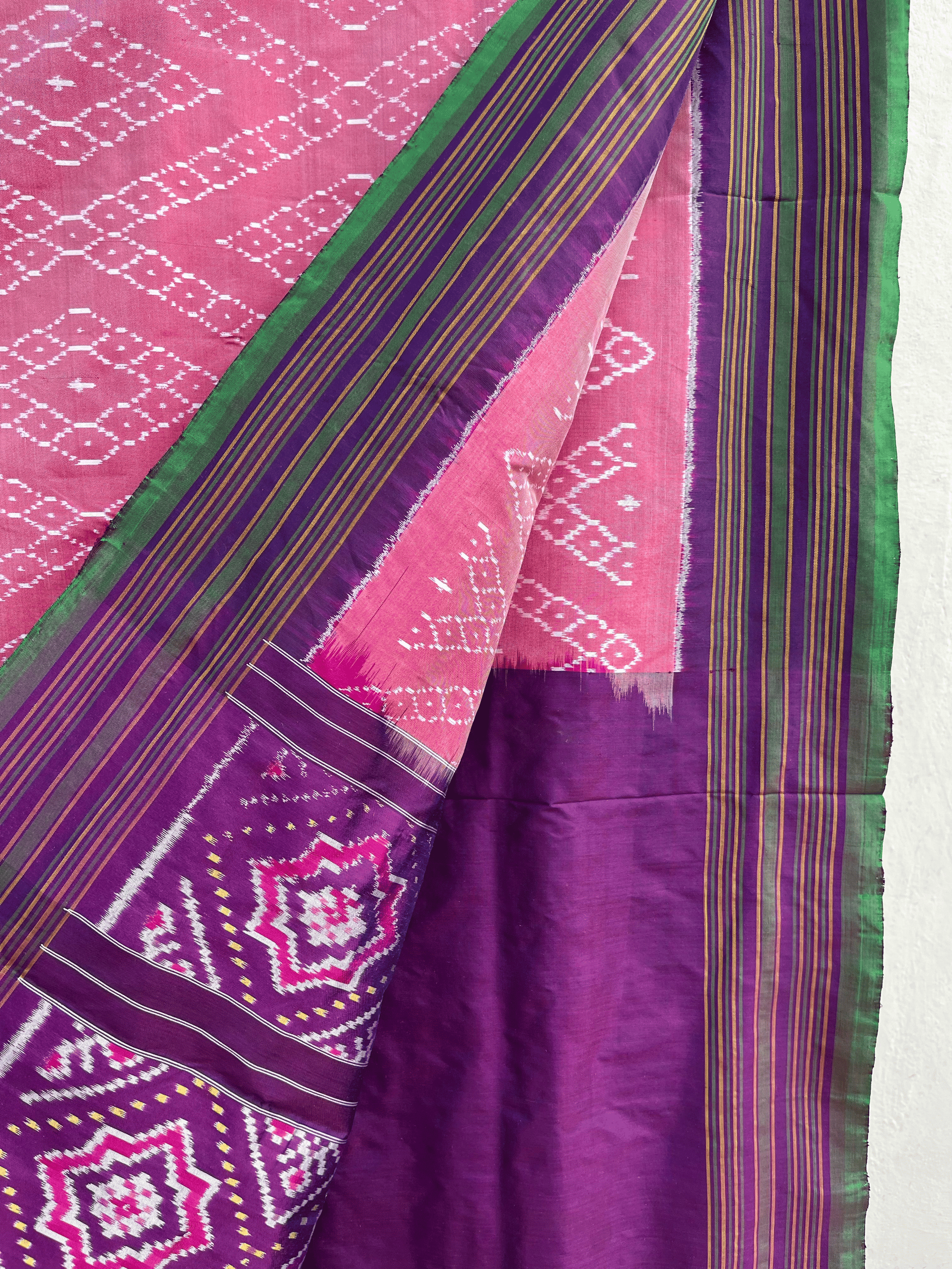 Silk Peach Ikatwith Multi Lines Border Saree