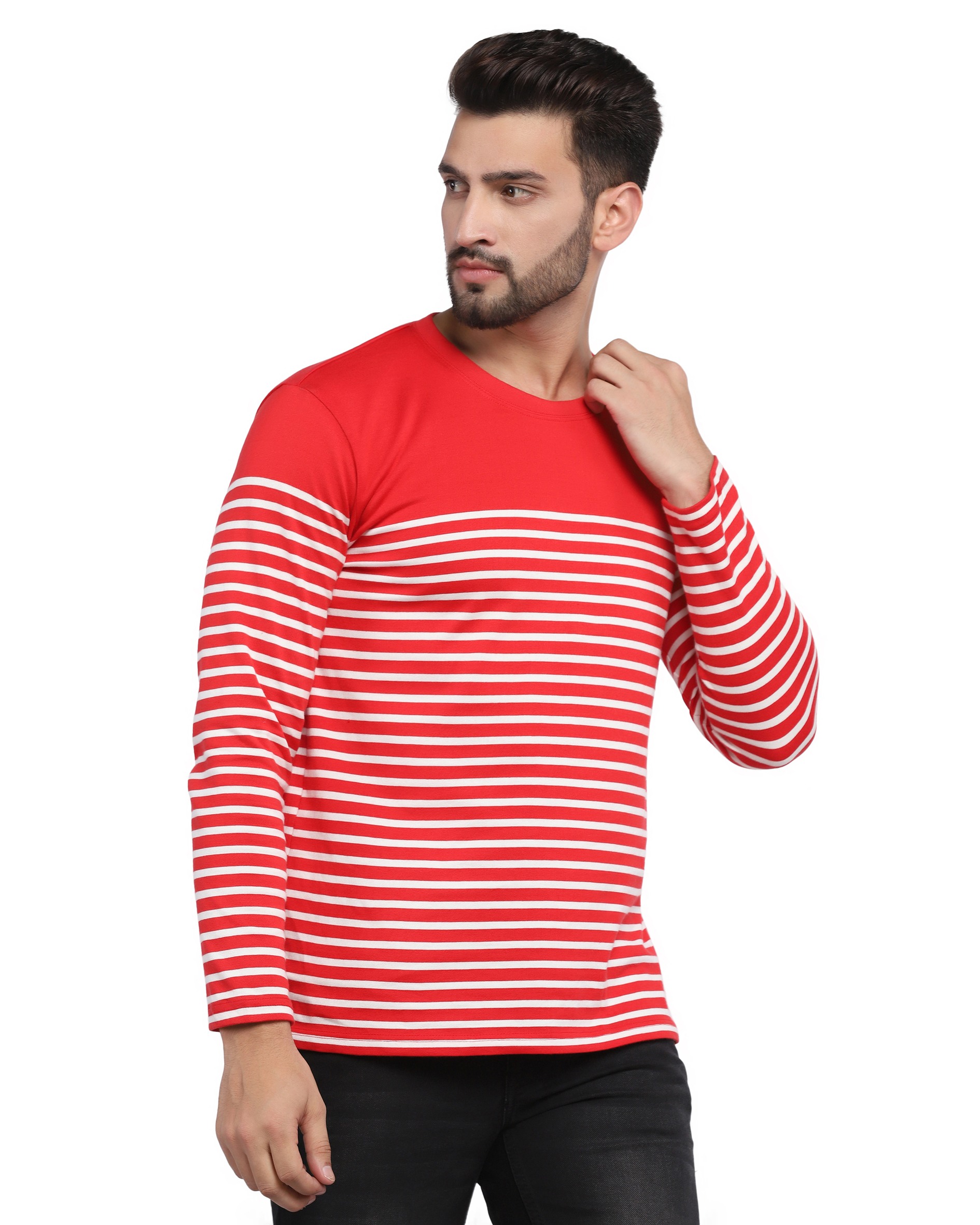 Red & White Full Sleeve Striped T-Shirt