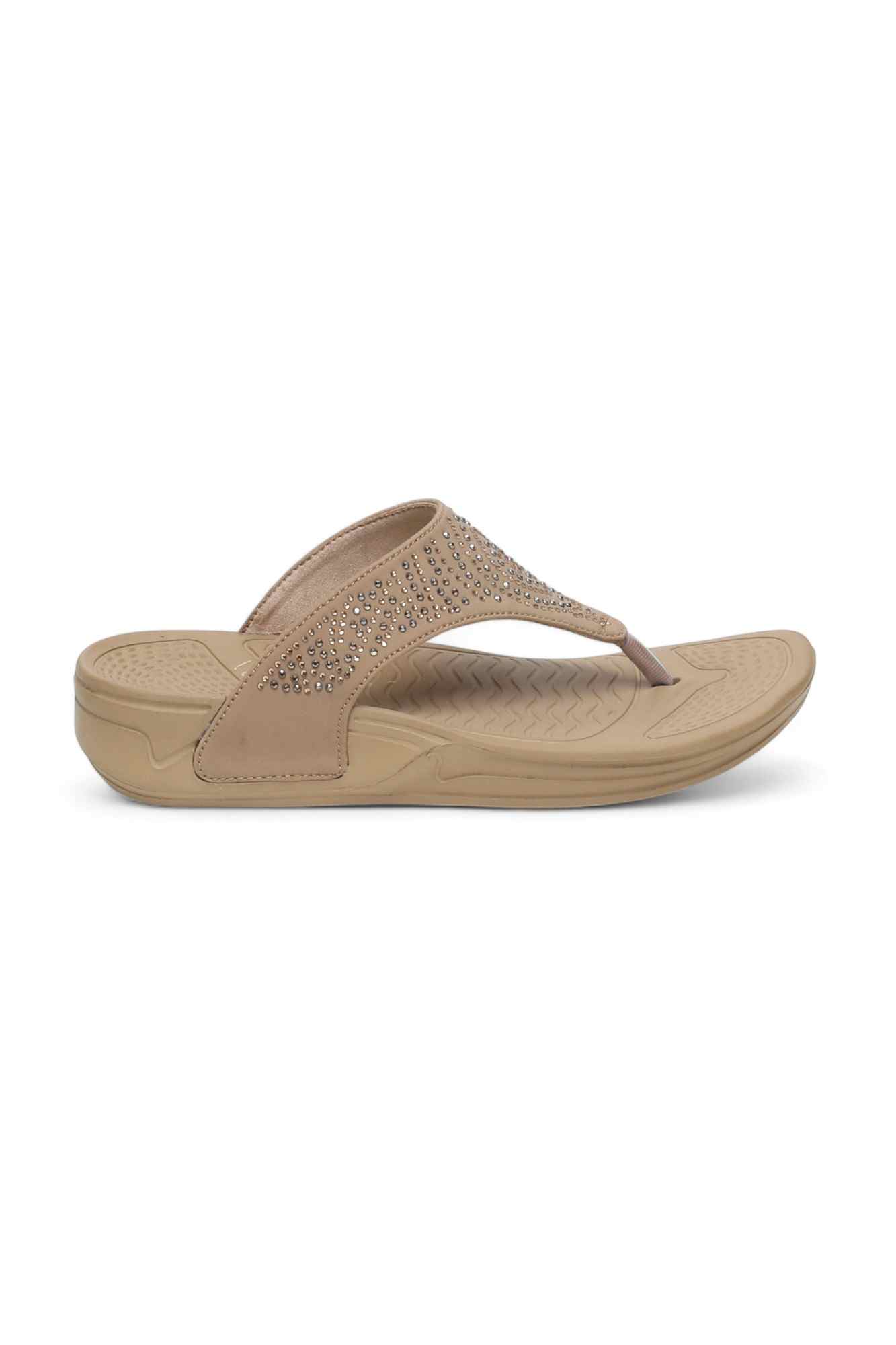 Women Sparkling Beige Wedge Flip-Flops