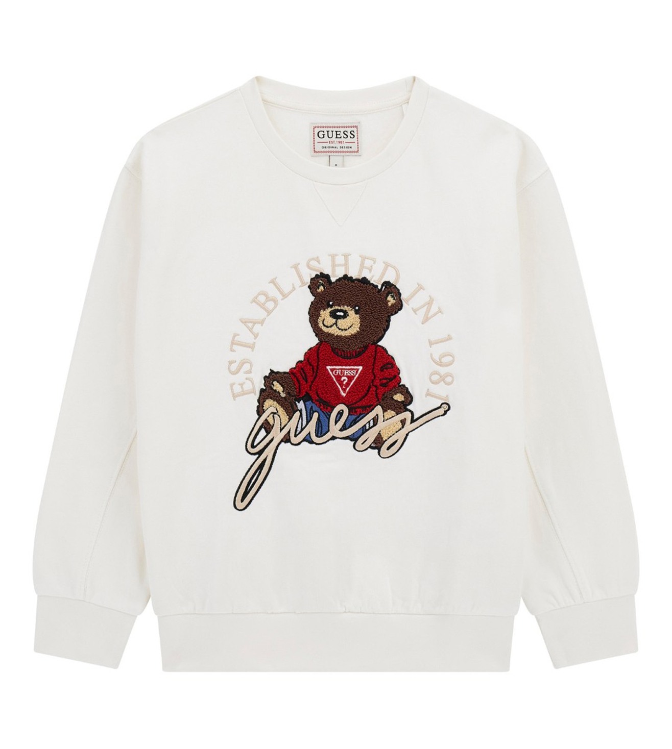 Guess Kids Off White Embroidered Teddy Round Neck Long Sleeves Sweatshirt