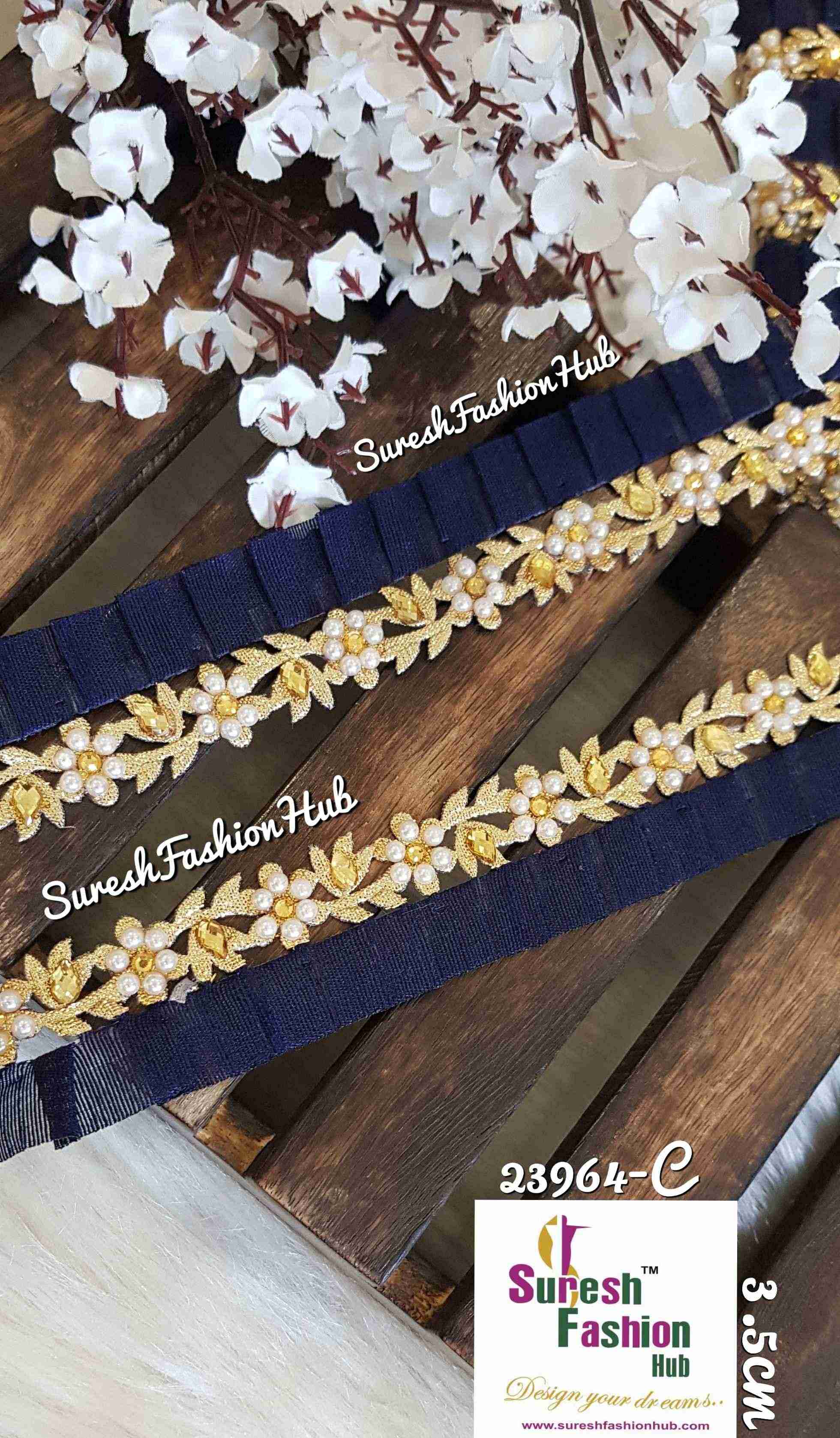 Designer Navy Blue Flowers Embellished Trim