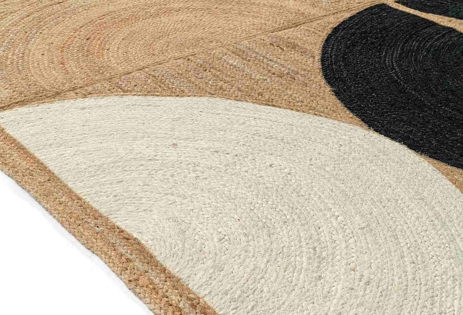 Geometric Half-Moon Pattern Handwoven Jute Rug – Natural, Black & Ivory Patchwork Design