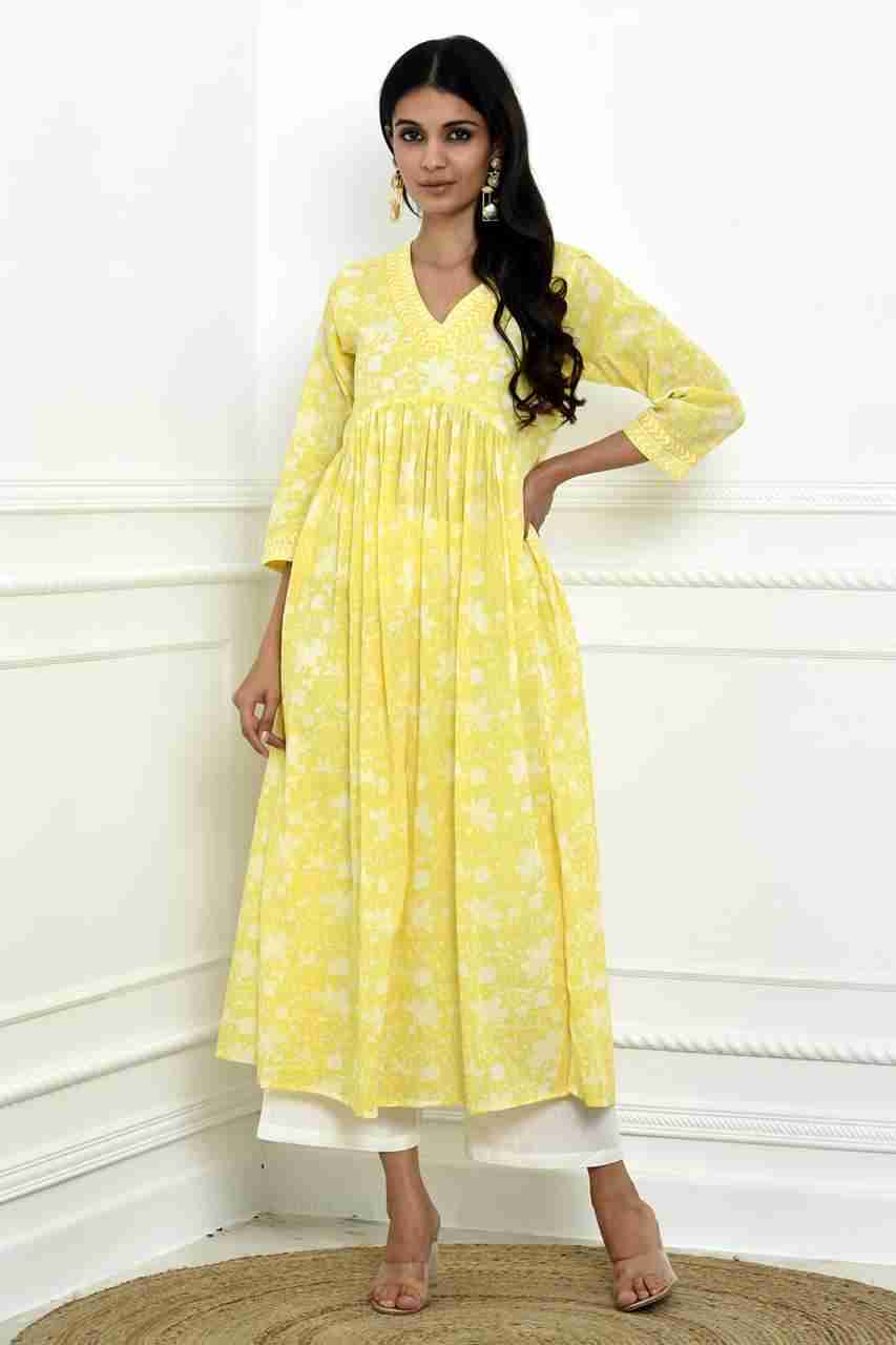 Naksh Yellow Block Printed V-Neck Gathered Kurta