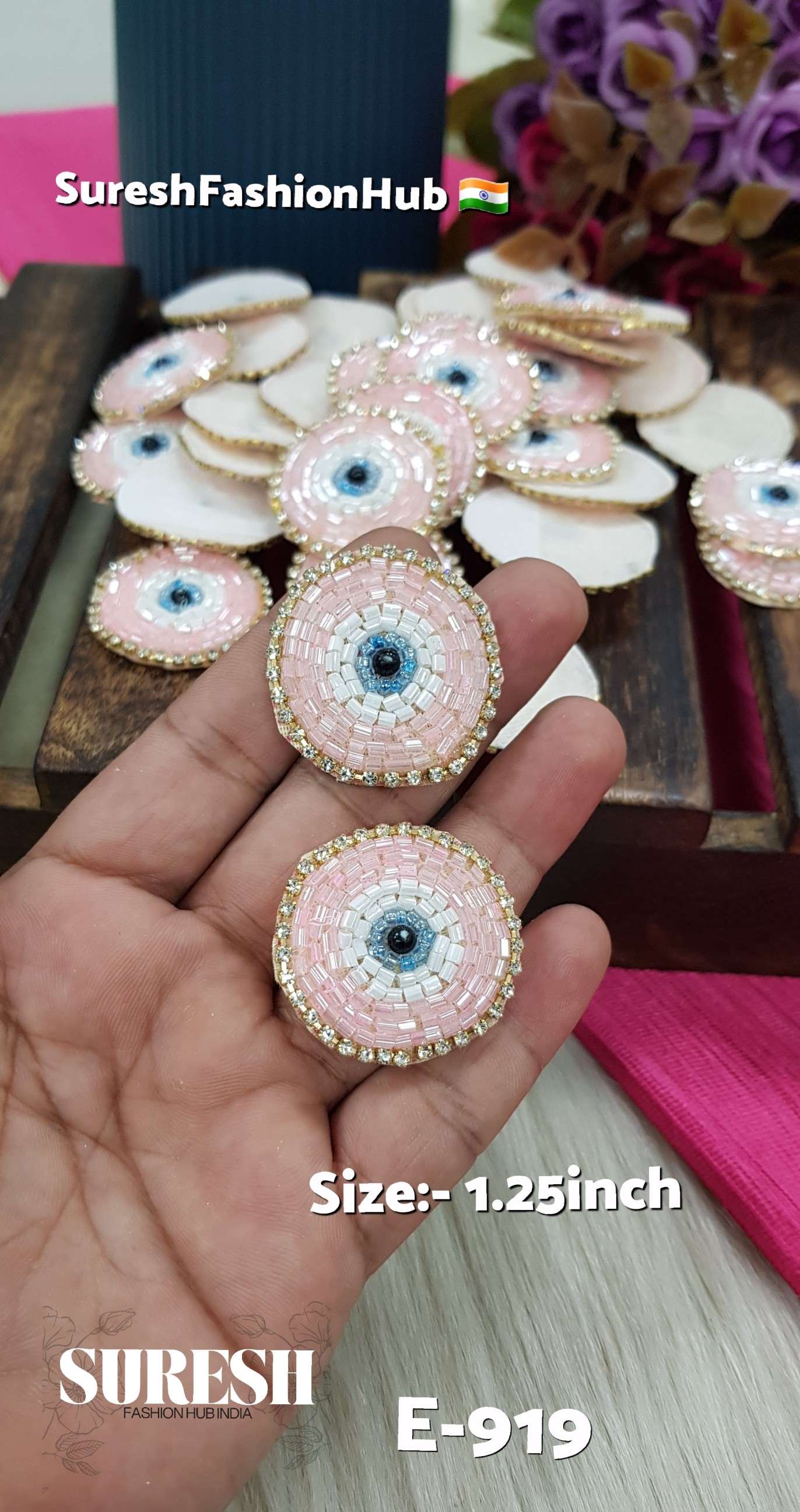 Baby Pink Handmade Beaded Evil Eye Patch – E-919