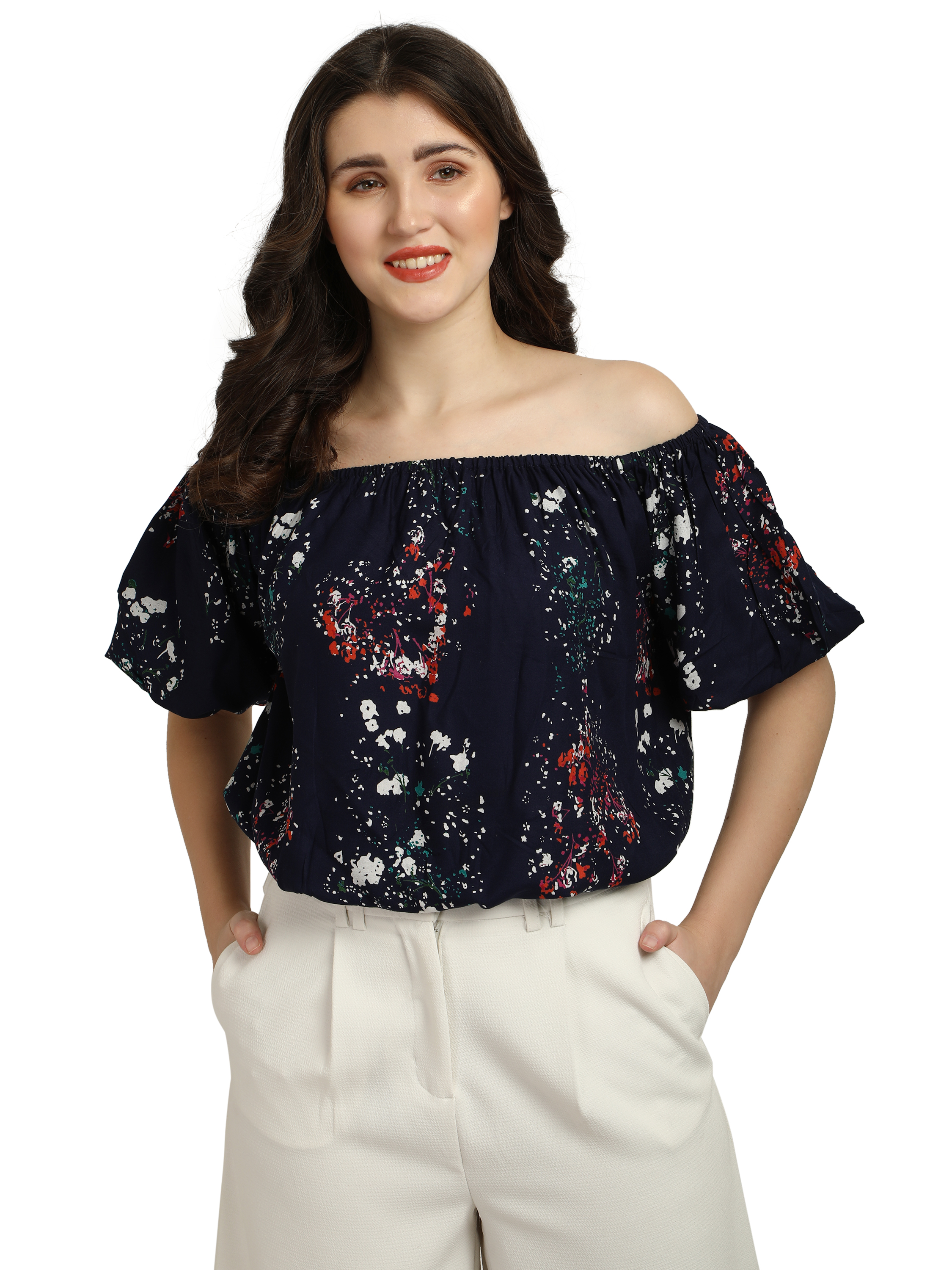 Smarty Pants women's cotton blue color floral print off shoulder top. 