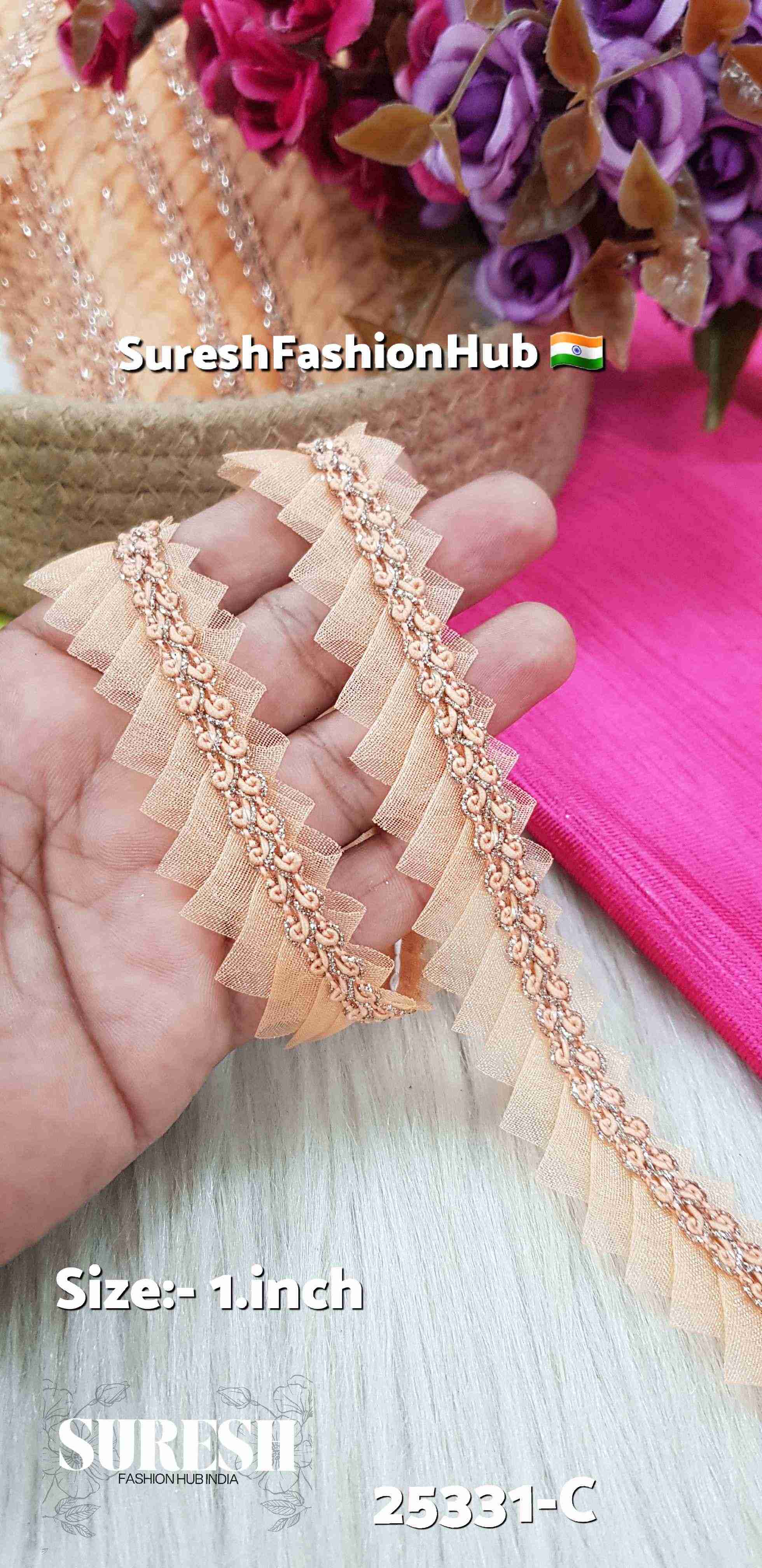 One Side Scallop Organza Jhalar Peach Lace | 25331-C
