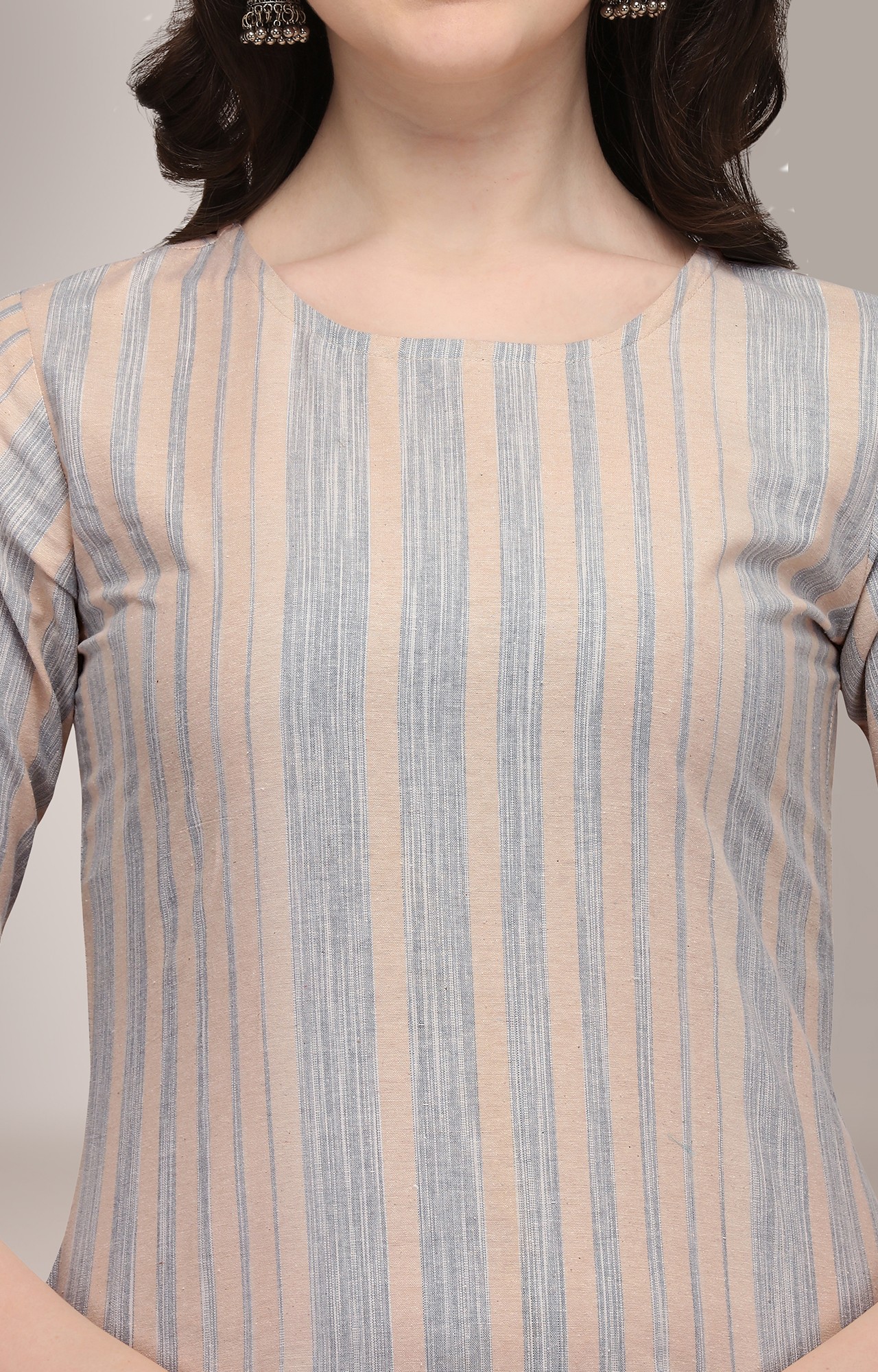 Women Grey Striped Print Casual Kurta - SNJH_HRK005GRY
