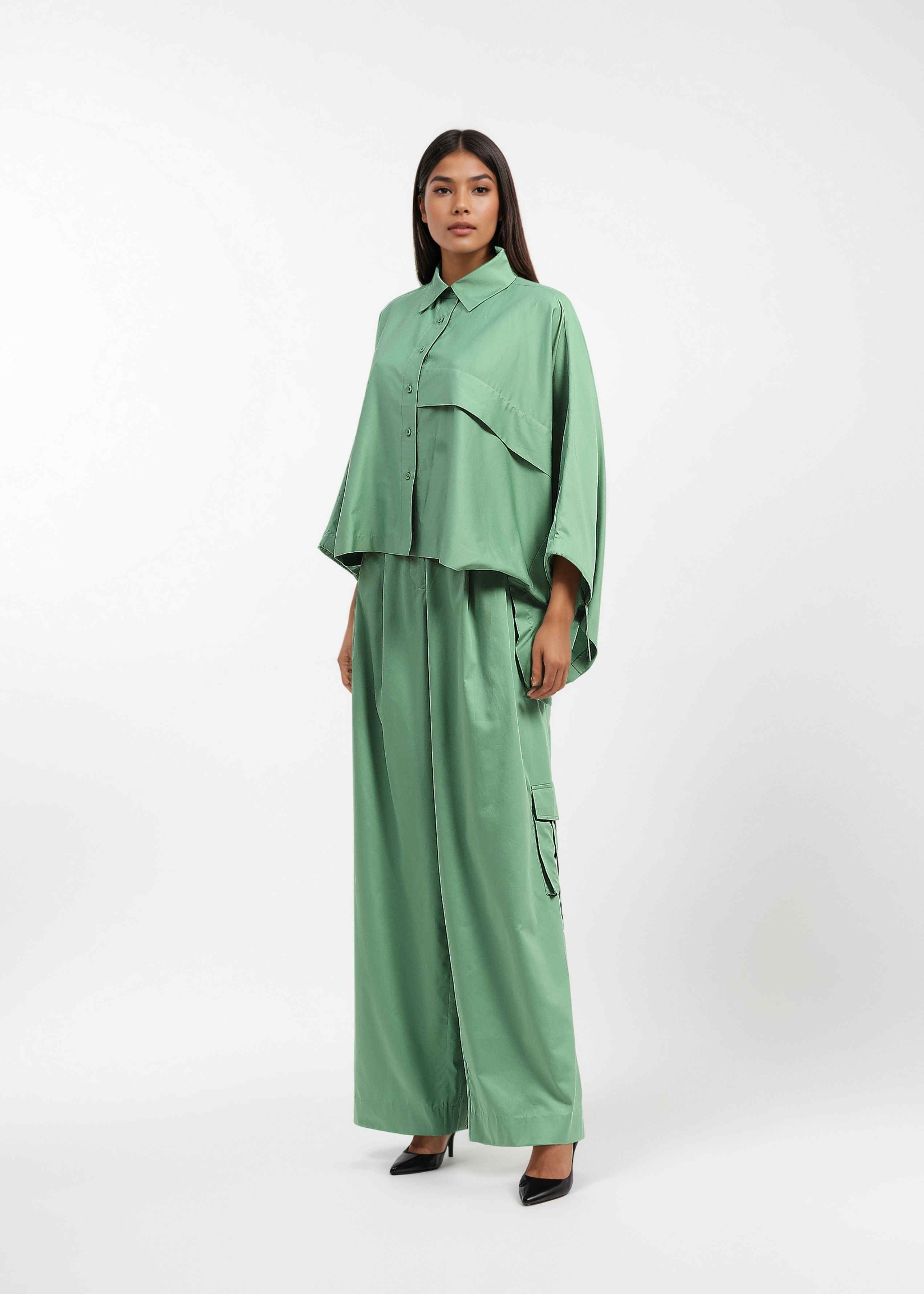 AKOK Green Cotton One shoulder Top and Trouser Co-ords