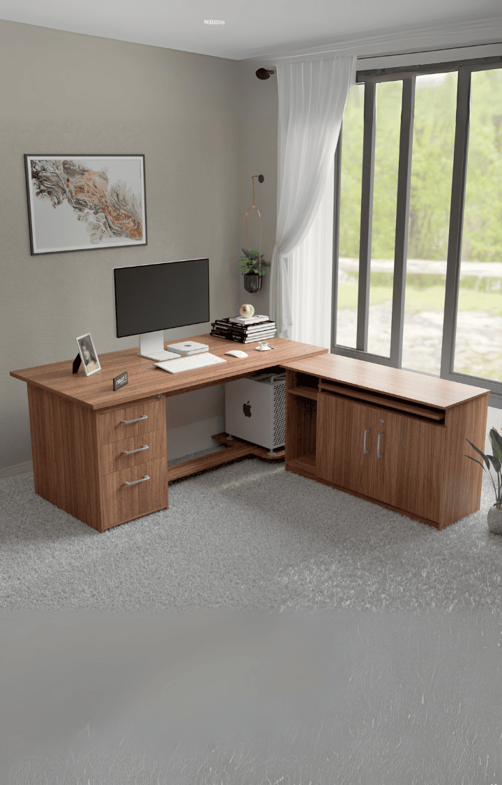 neudot Madison Executive Desk In Leon Teak Finish With File Cabinet And Pedestal