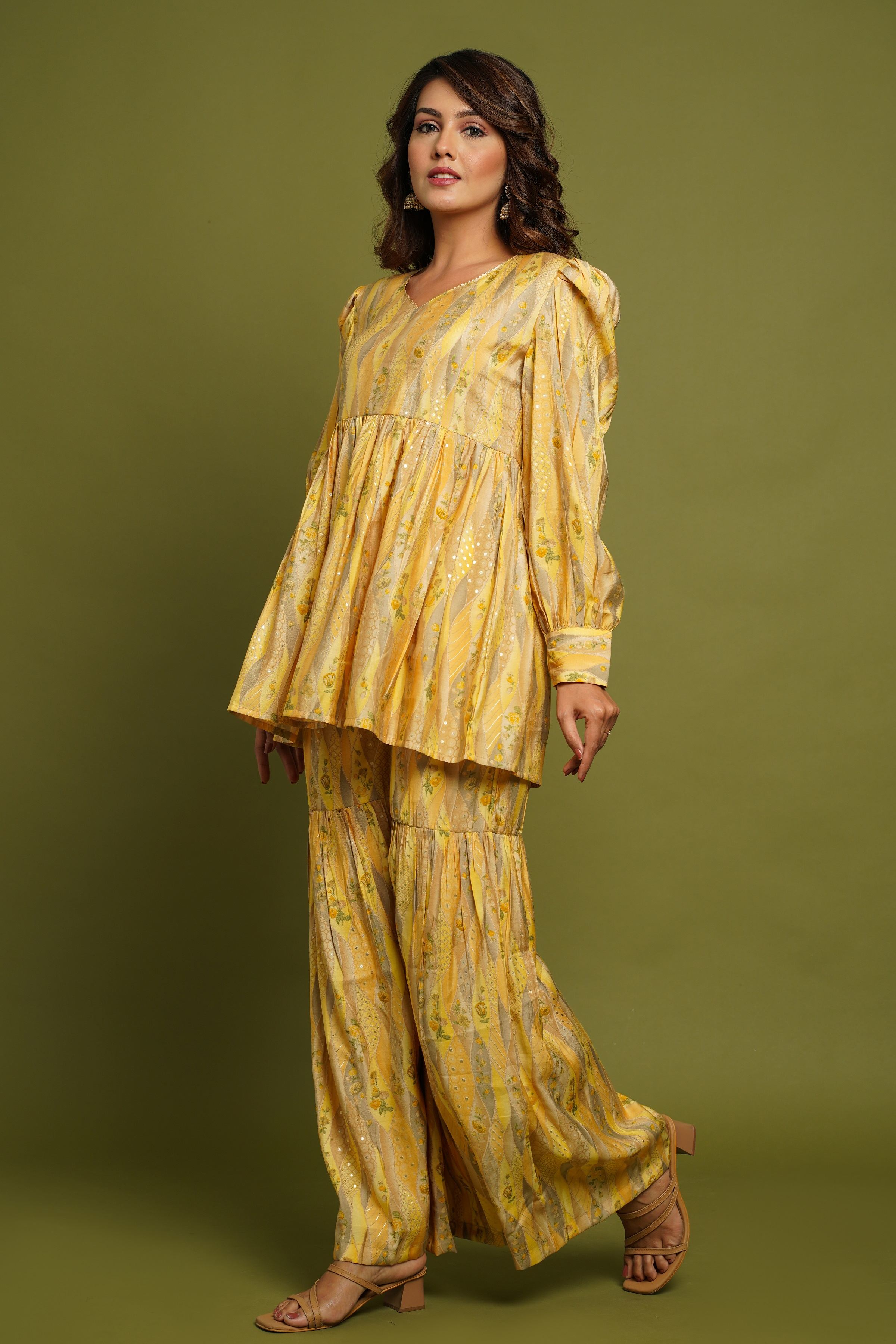 Yellow Printed Kurta With Sharara