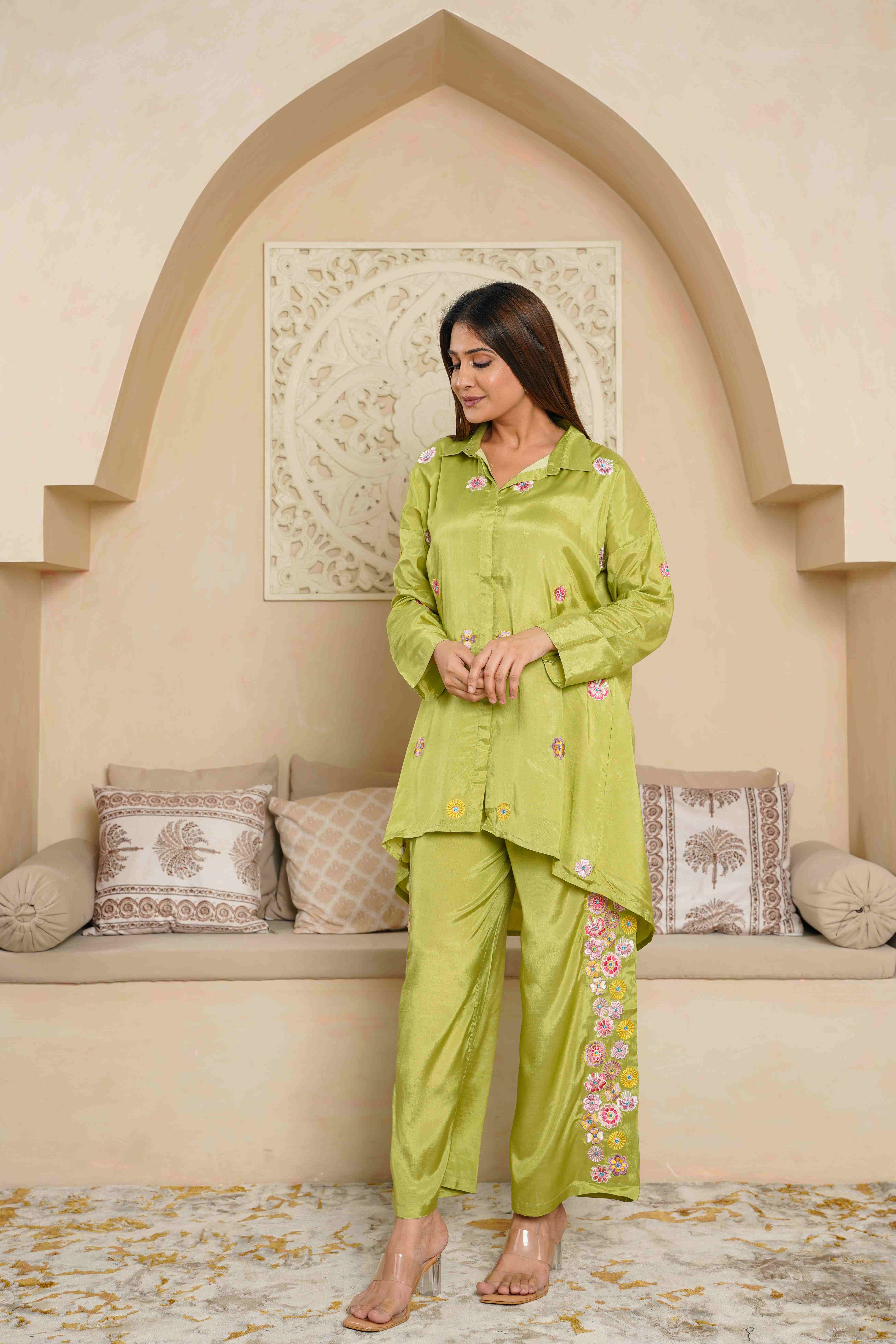 PARROT GREEN EMBROIDERED LOOSE FIT CO-ORD SET