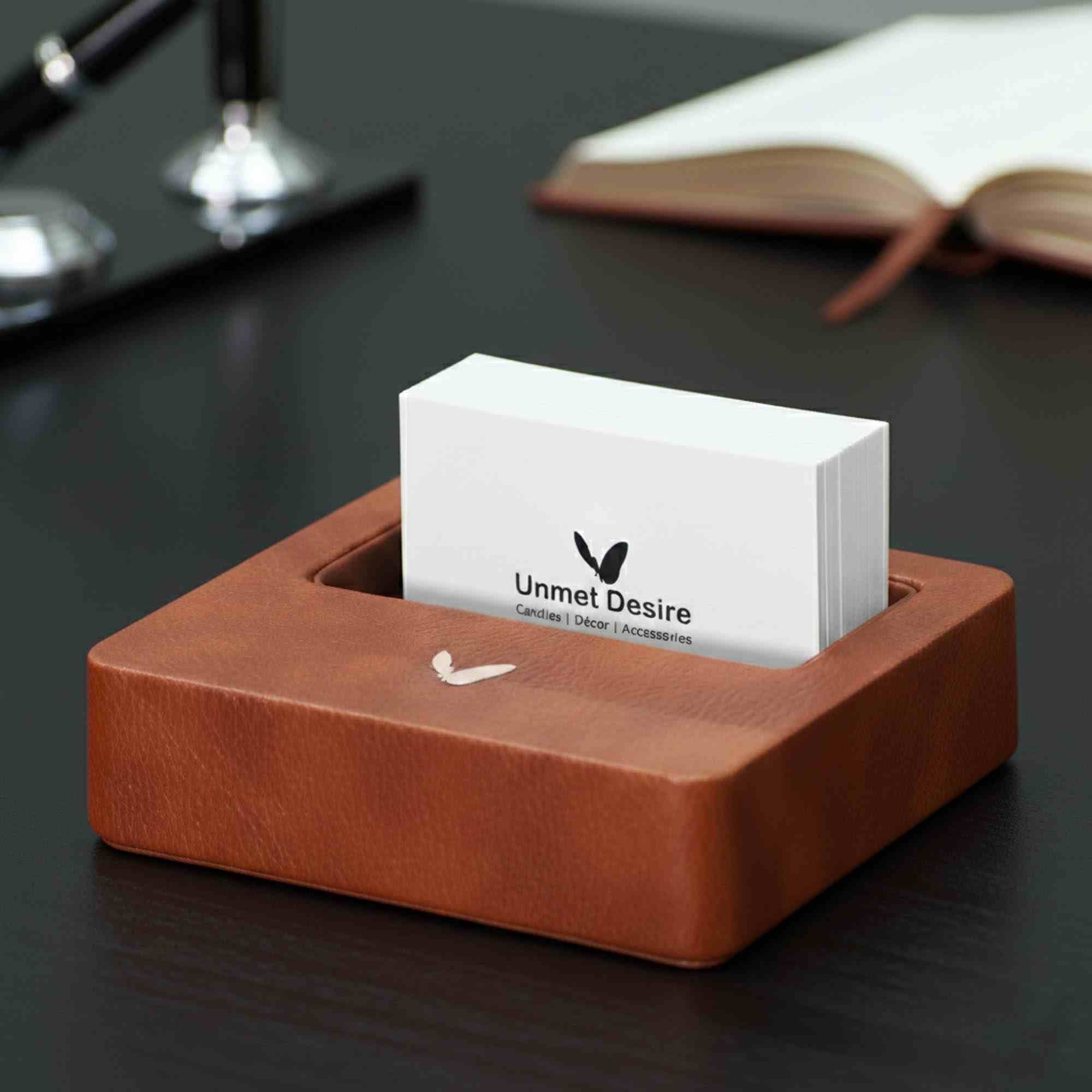 Visiting Card Holder for Desk | Faux Leather | Square | Classic | Tan