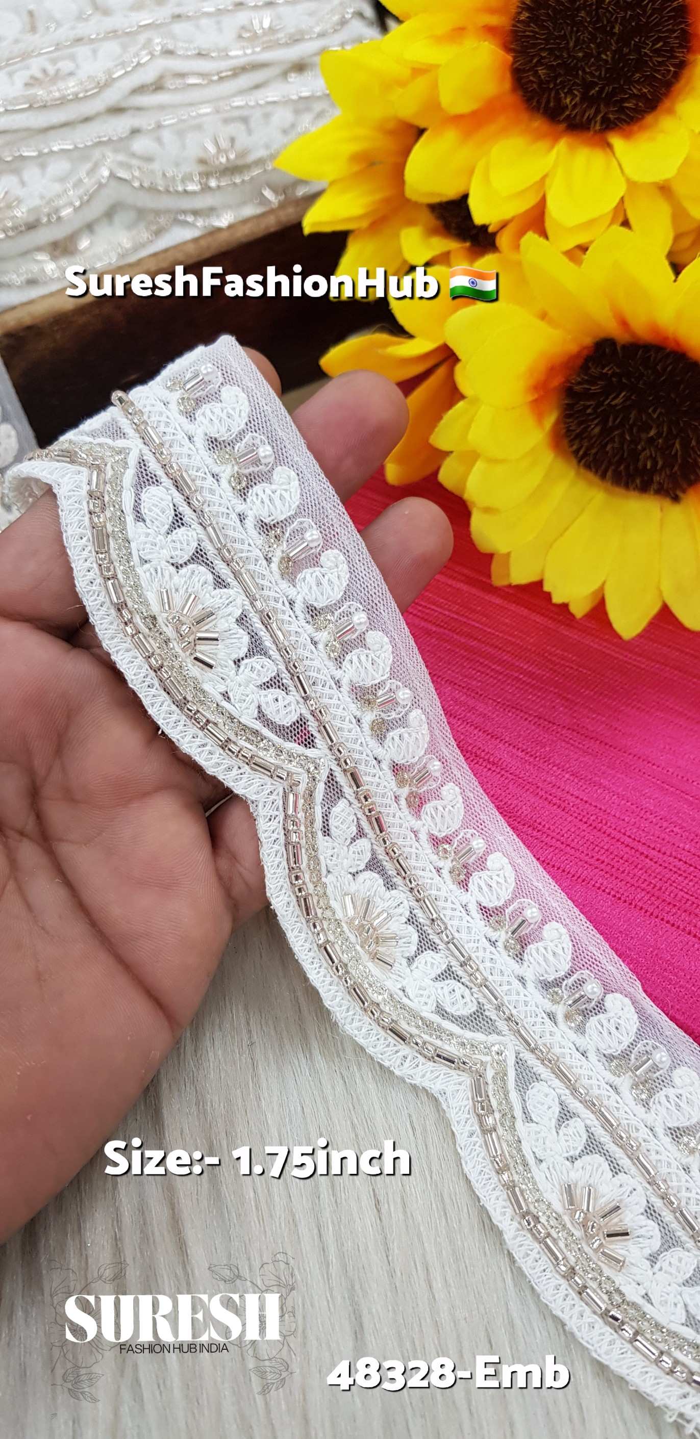White with Rose Scallop Cutwork Embroidery Lace – 48328-Emb