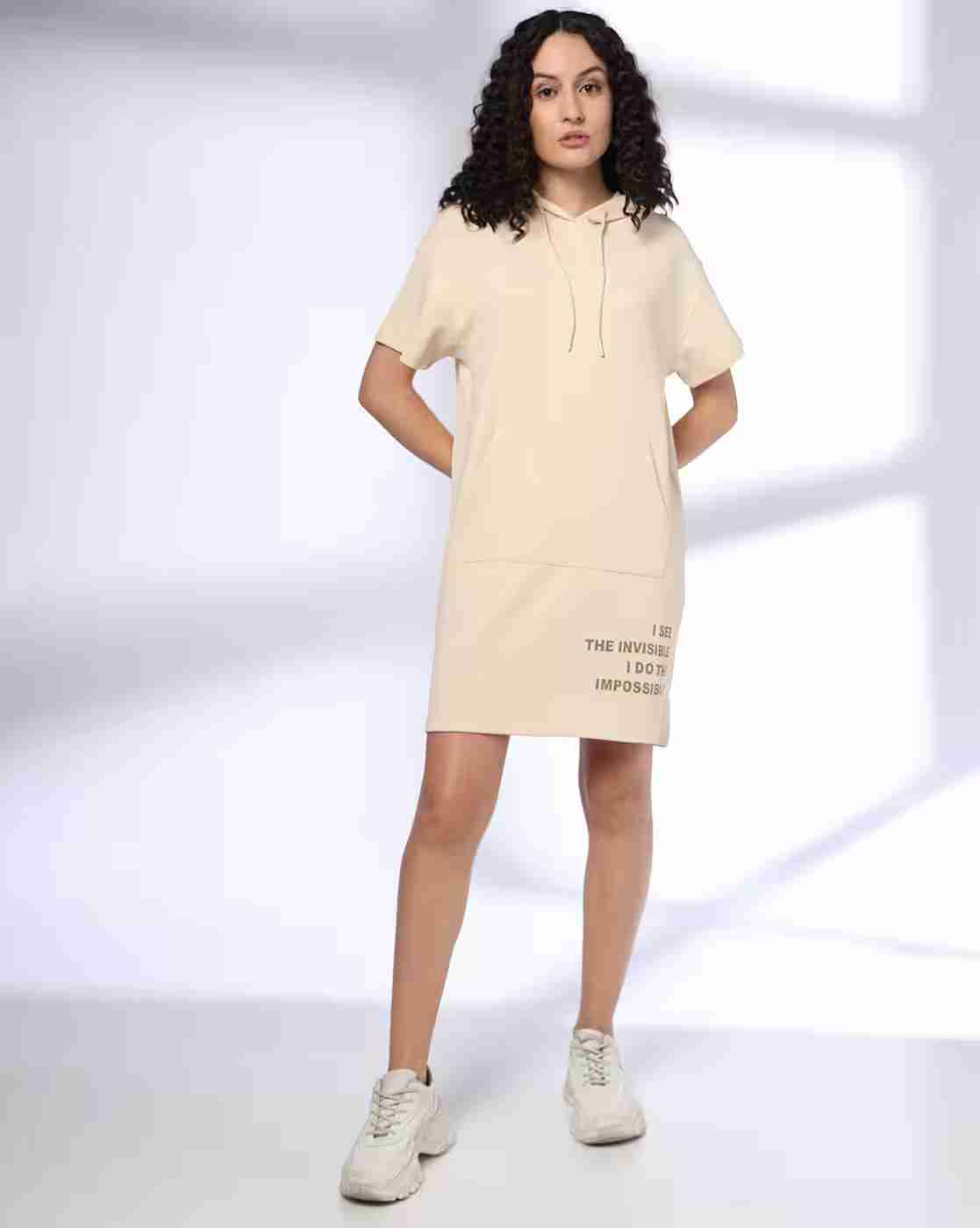 Teamspirit | Women Typographic Print Hooded Straight Dress|1