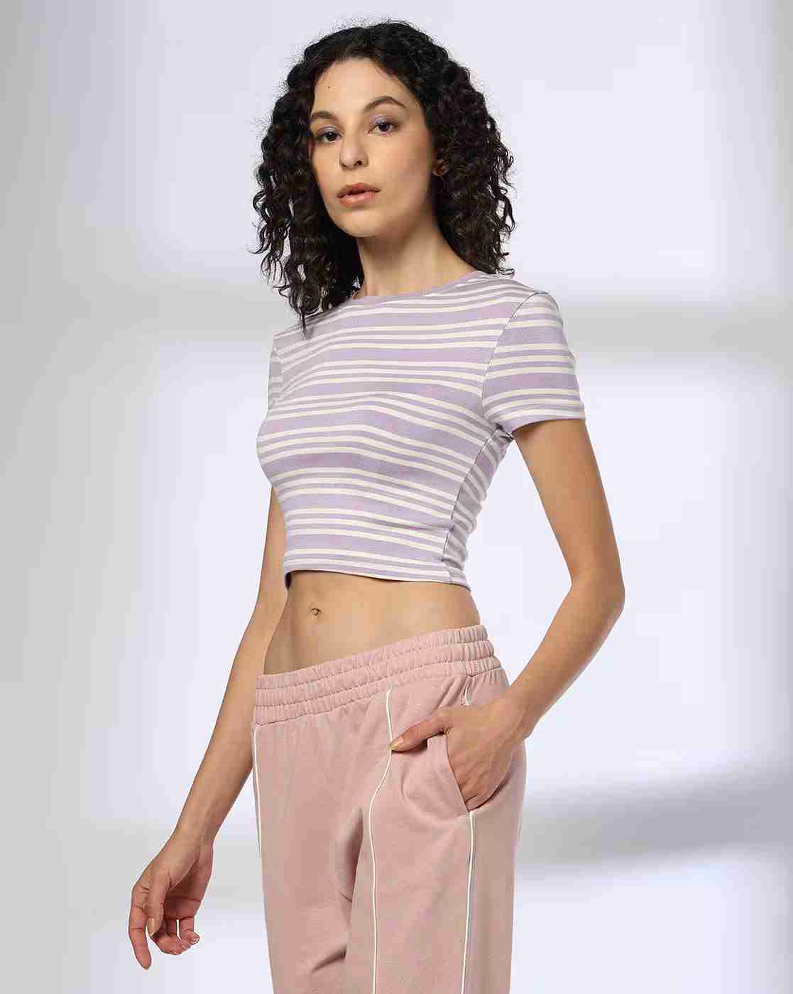 Teamspirit | Women Striped Fitted Crop T-Shirt|1