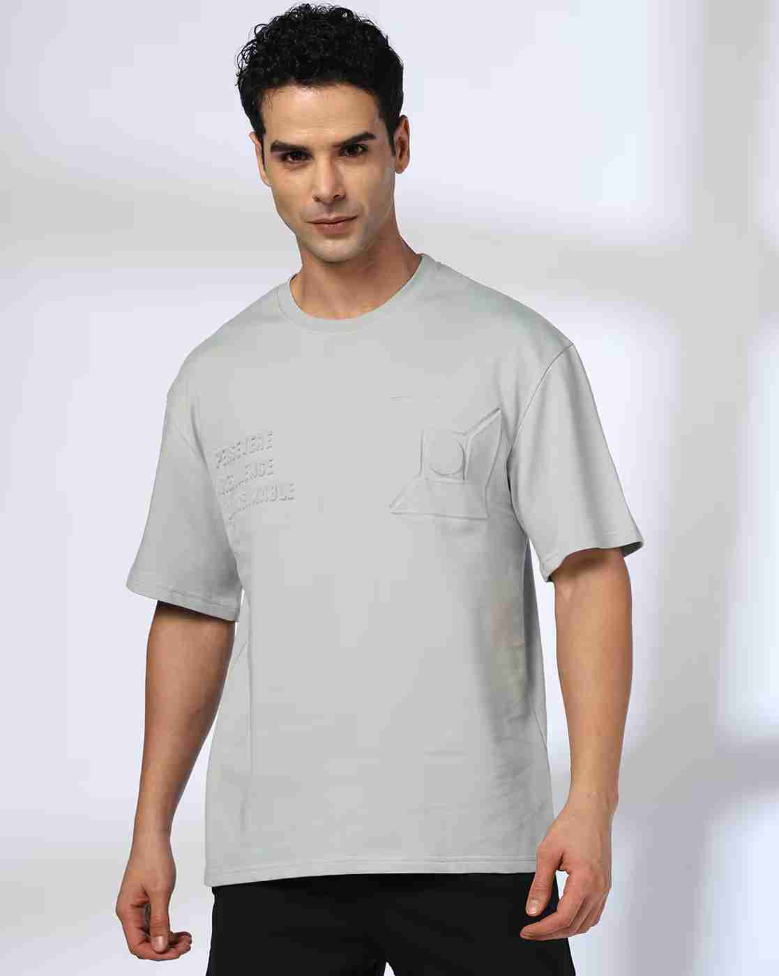 Men Embossed Boxy Fit Cotton Crew-Neck T-Shirt