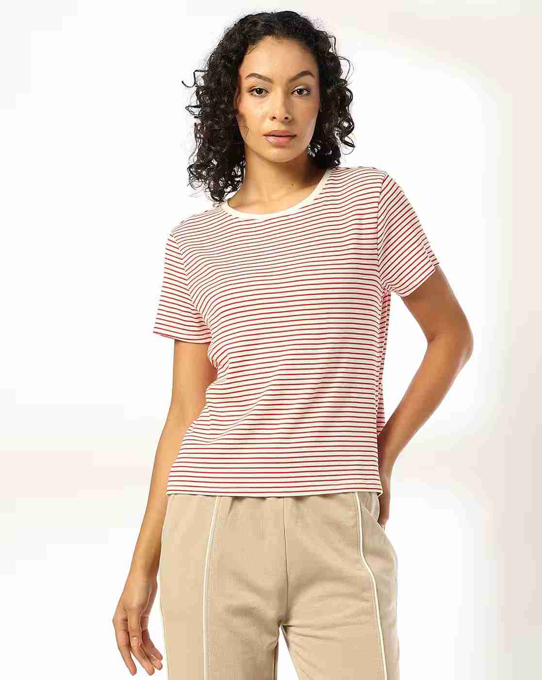 Women Striped Relaxed Fit Round-Neck T-Shirt