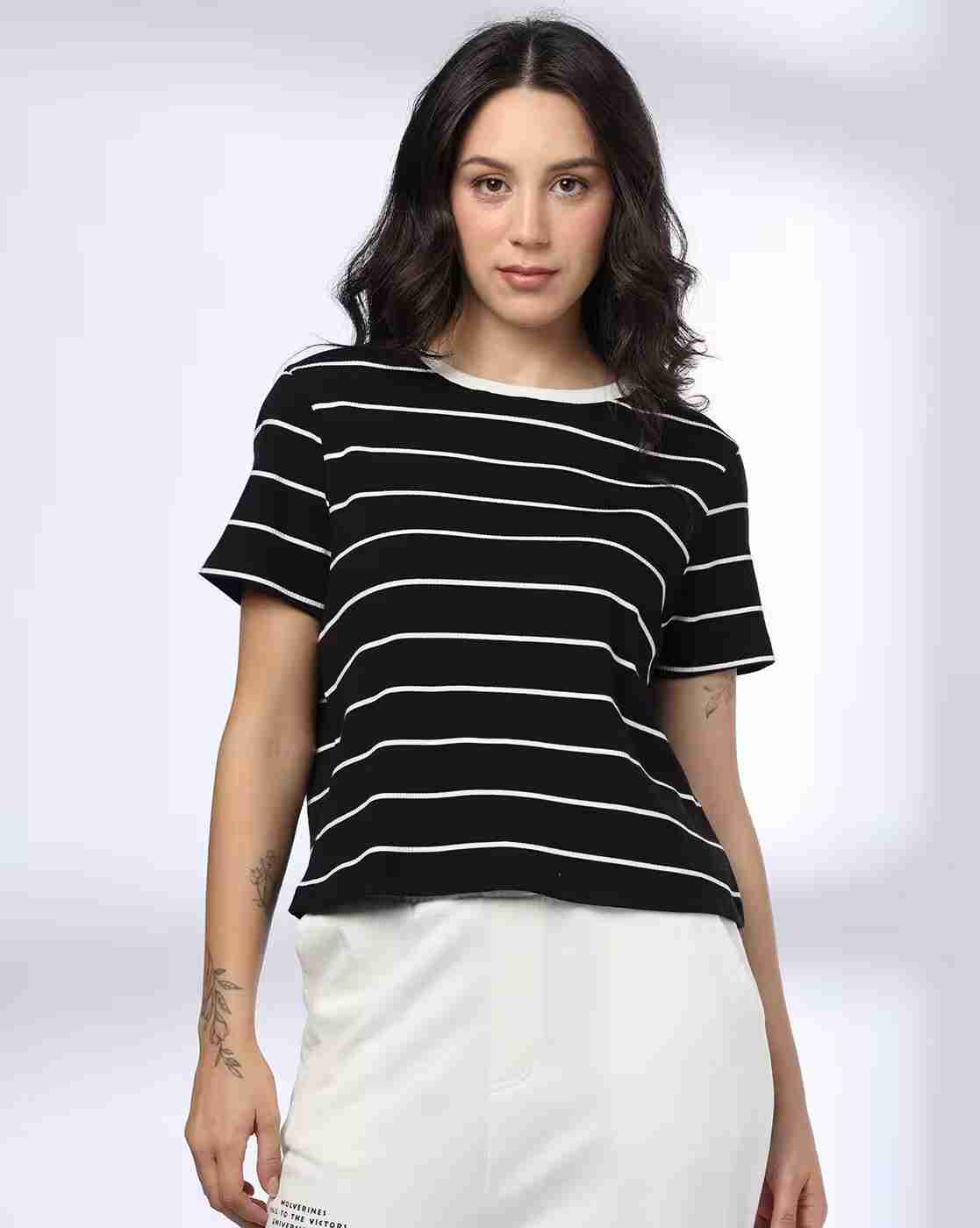 Women Striped Relaxed Fit Crew-Neck T-Shirt